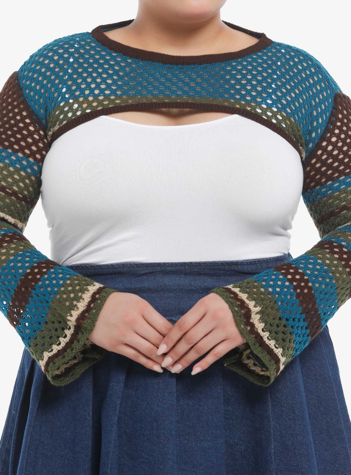 Thorn & Fable Blue & Green Stripe Knit Girls Crop Shrug Plus Size, , hi-res