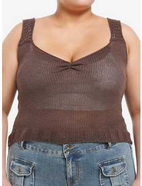 Brown Open Knit Girls Sweater Tank Top Plus Size, , hi-res