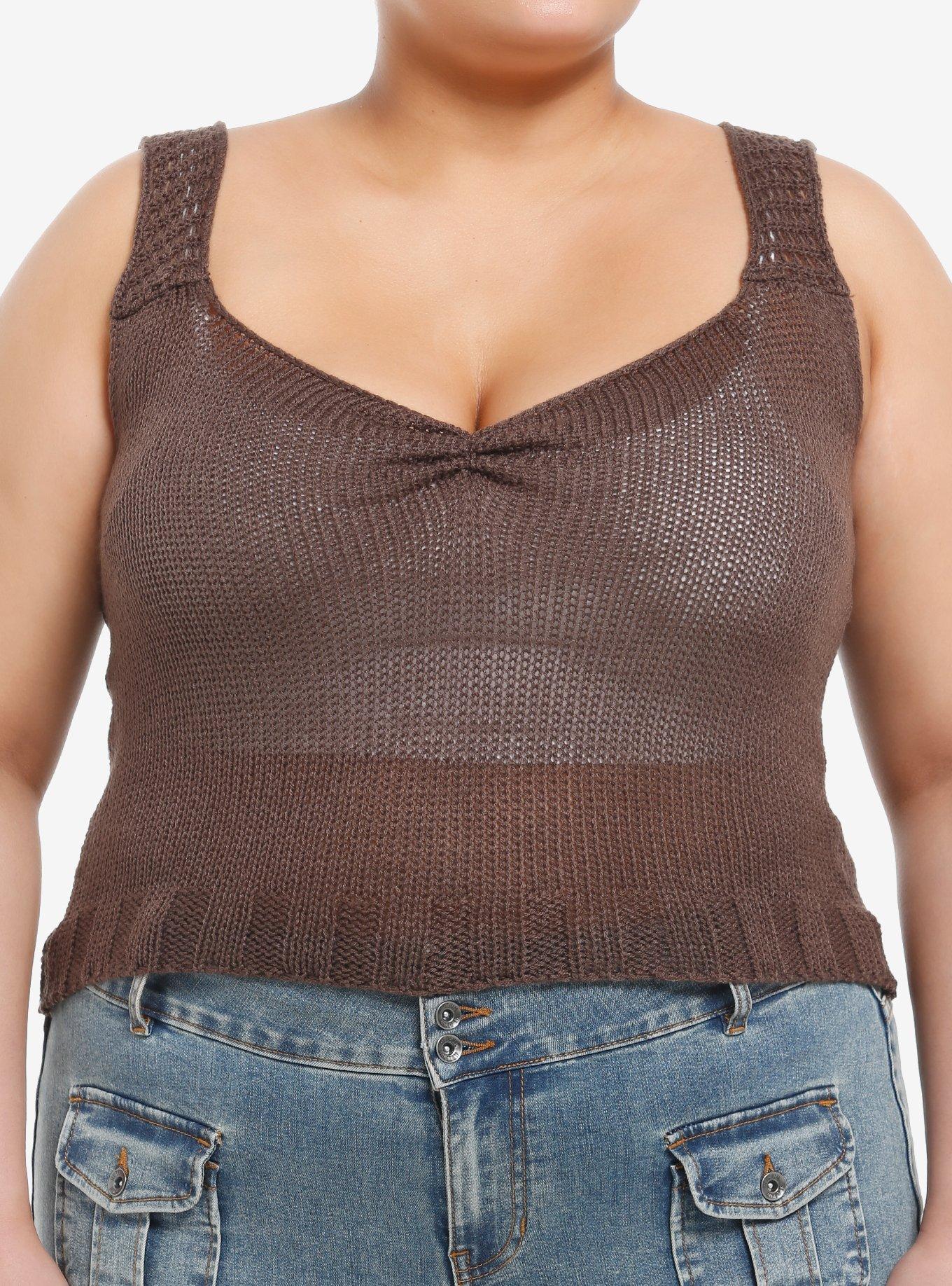 Brown Open Knit Girls Sweater Tank Top Plus Size, , hi-res