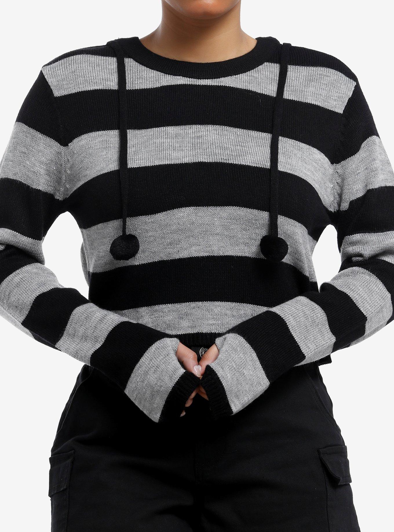 Black & Grey Stripe Girls Crop Hoodie, GREY, hi-res