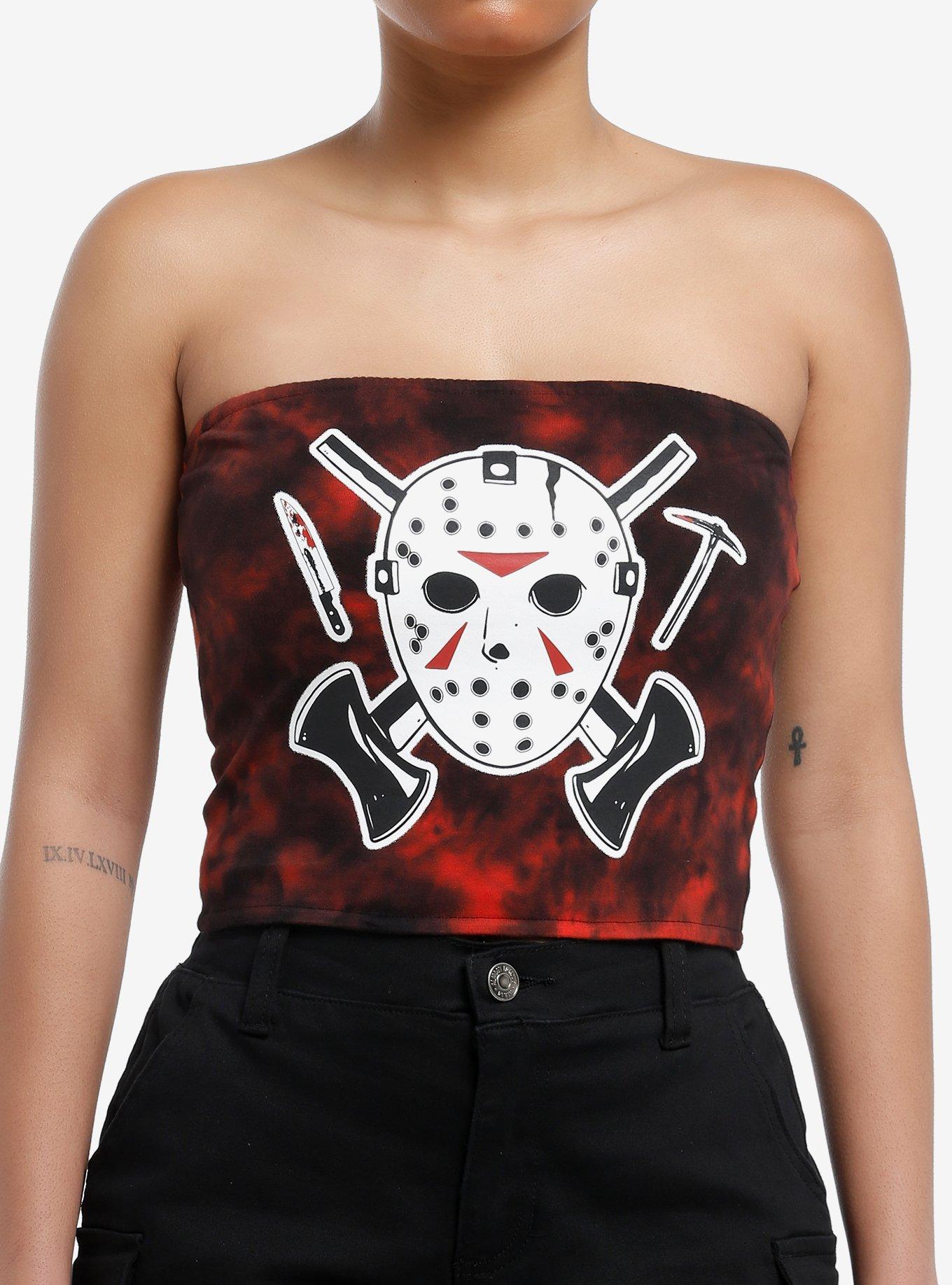 Friday The 13th Jason Red Tie-Dye Girls Crop Tube Top, MULTI, hi-res