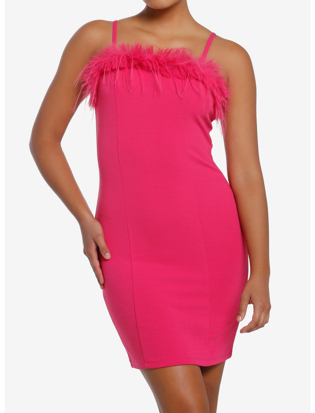 Pink Feather Trim Mini Dress, PINK, hi-res