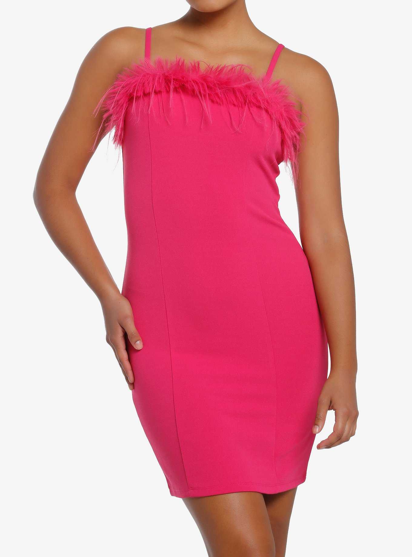 Pink Feather Trim Mini Dress, , hi-res