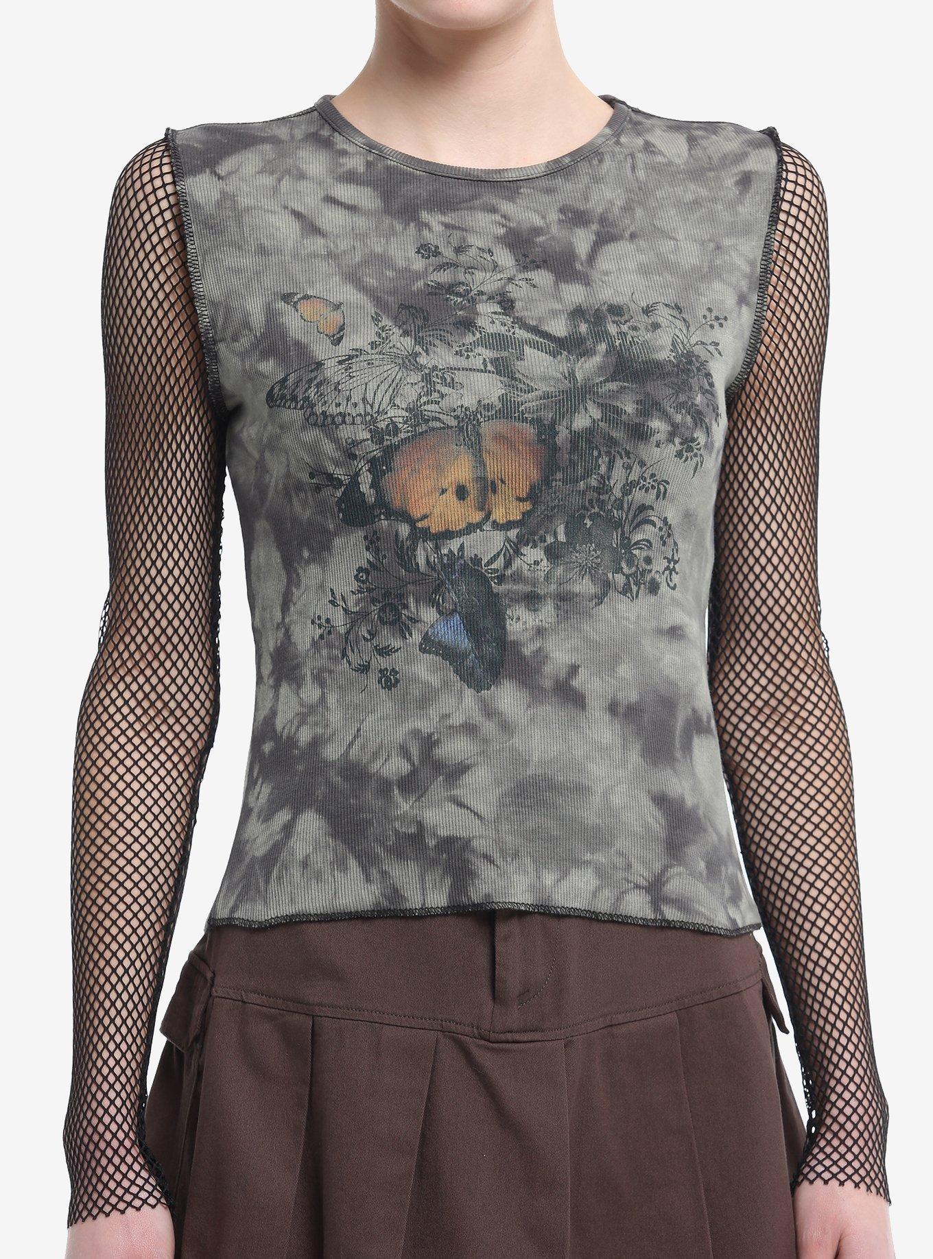 Thorn & Fable Grunge Butterfly Mesh Girls Long-Sleeve Top, BLACK, hi-res