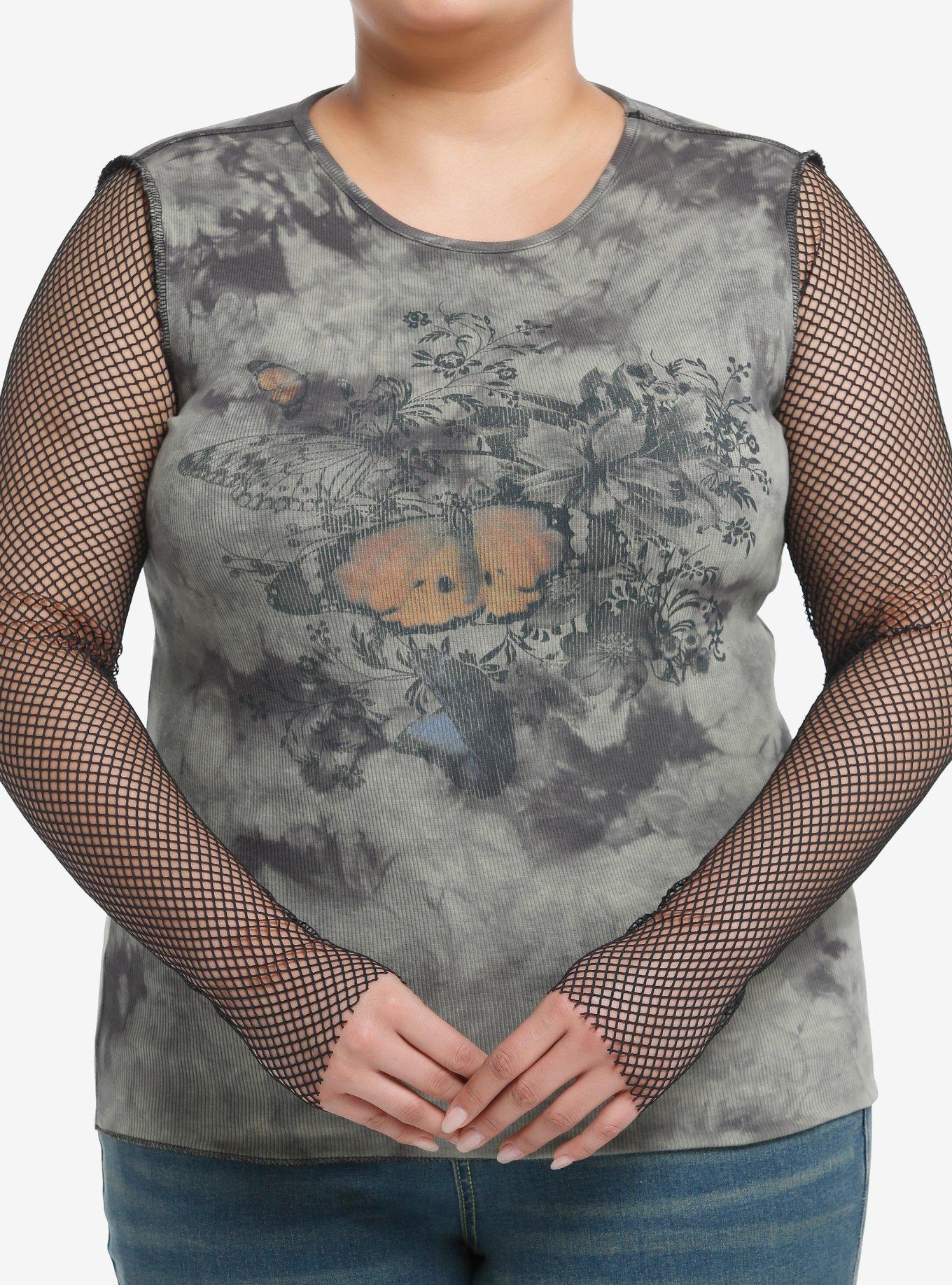 Thorn & Fable Grunge Butterfly Mesh Girls Long-Sleeve Top Plus Size, BLACK, hi-res