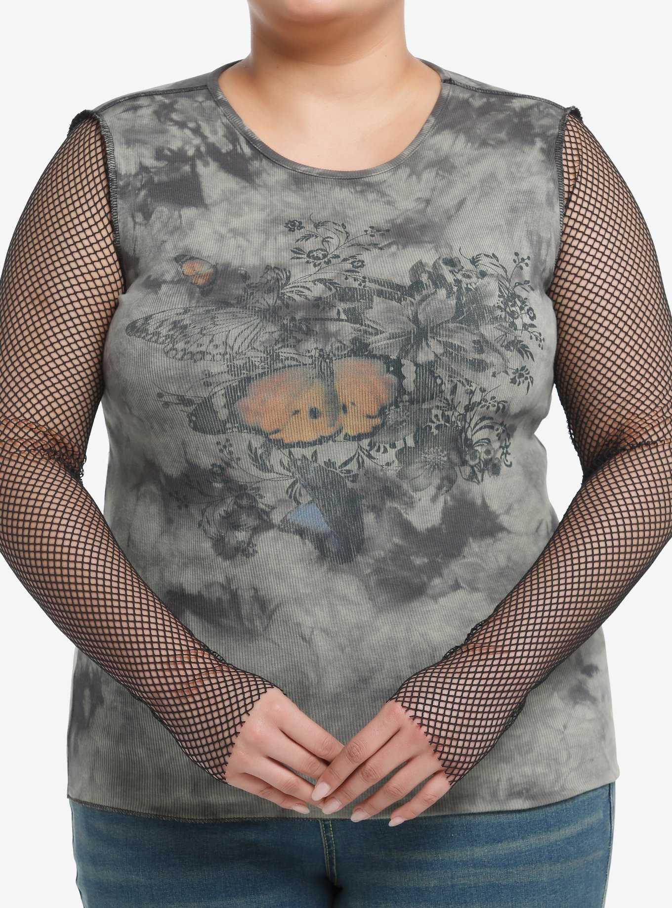 Thorn & Fable Grunge Butterfly Mesh Girls Long-Sleeve Top Plus Size, , hi-res