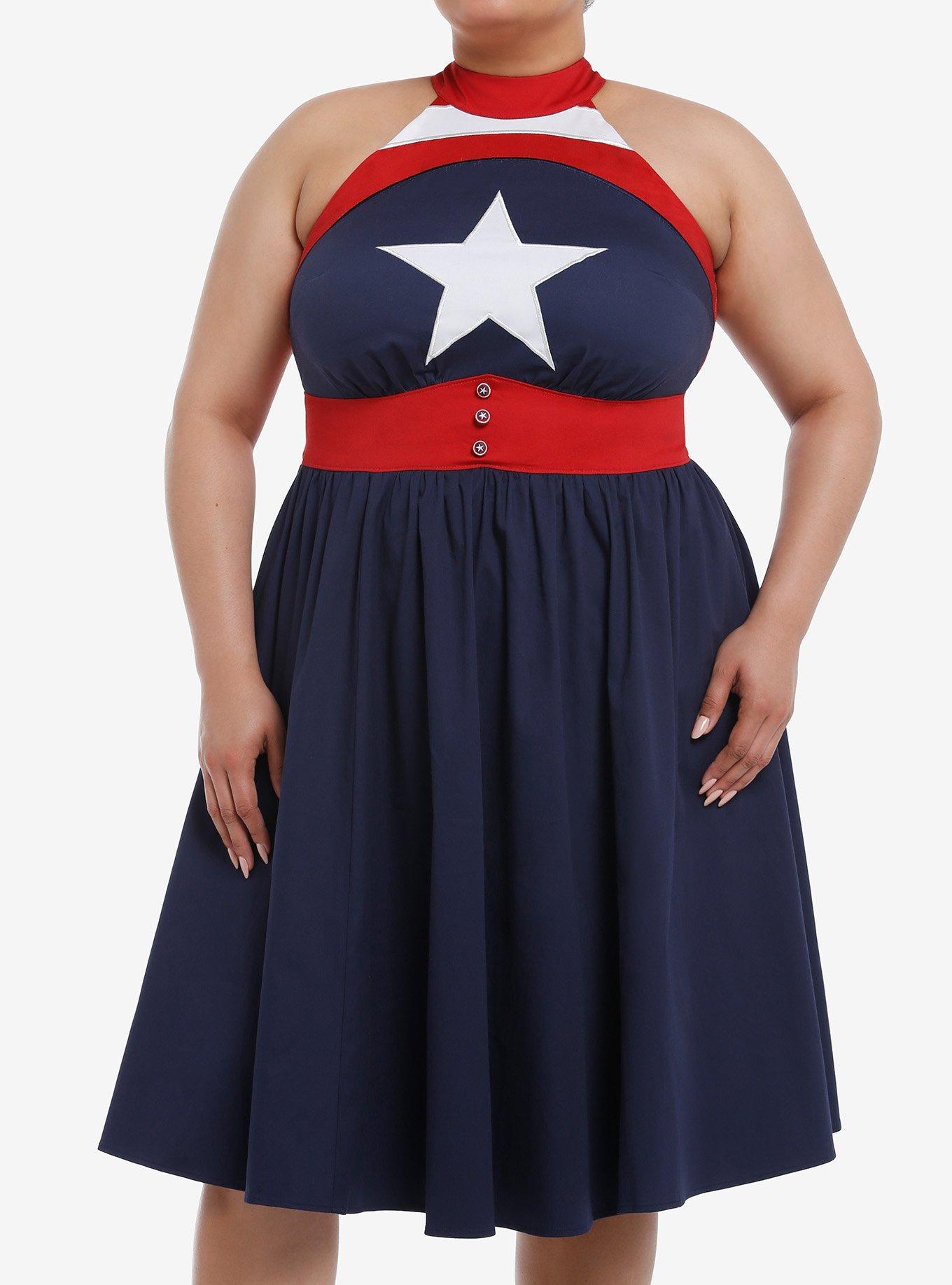 Her Universe Marvel Captain America Retro Halter Dress Plus Size Her Universe Exclusive, BLUE  RED, hi-res