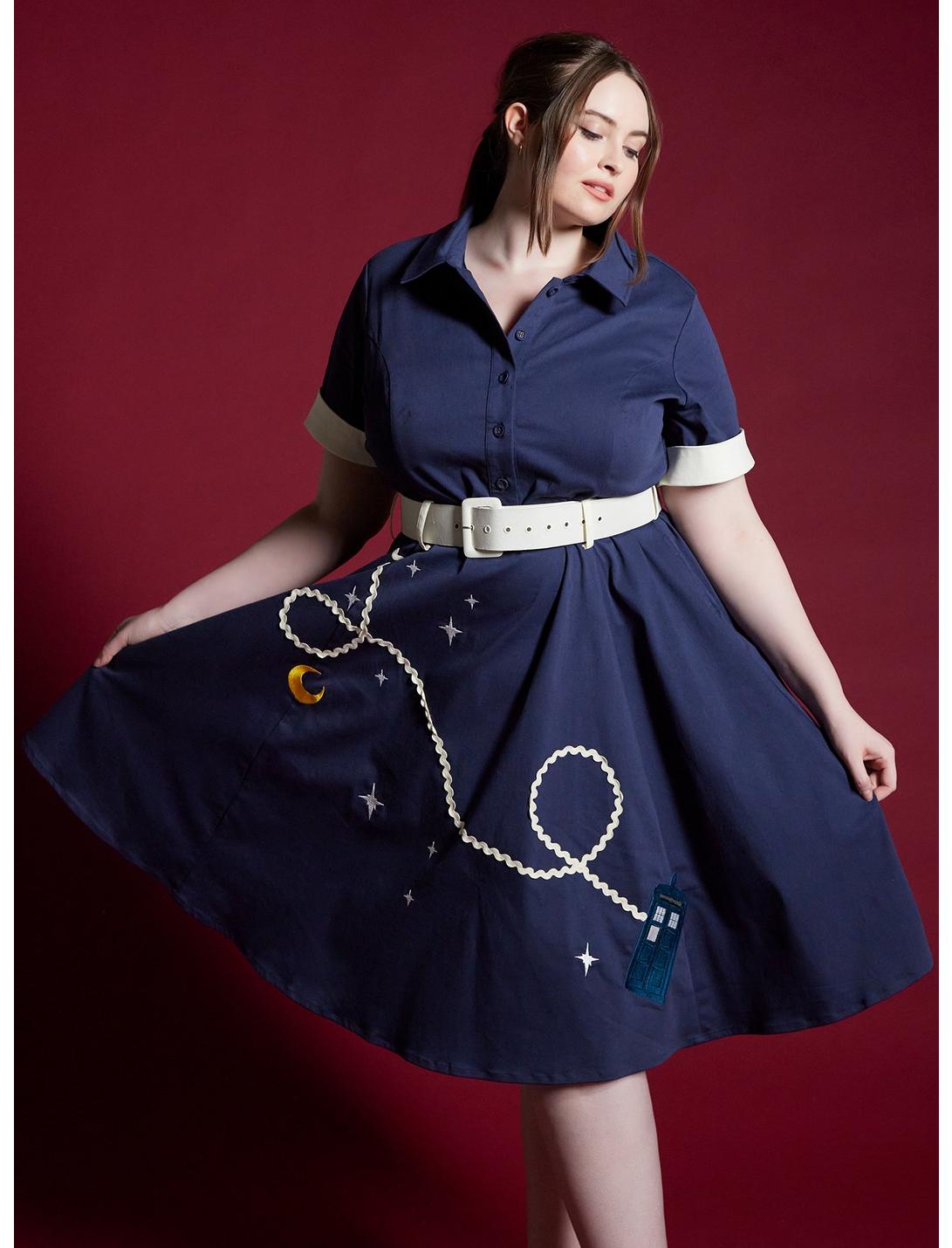 Her Universe Doctor Who Retro Dress With Belt Plus Size Her Universe Exclusive, NAVY  WHITE, hi-res