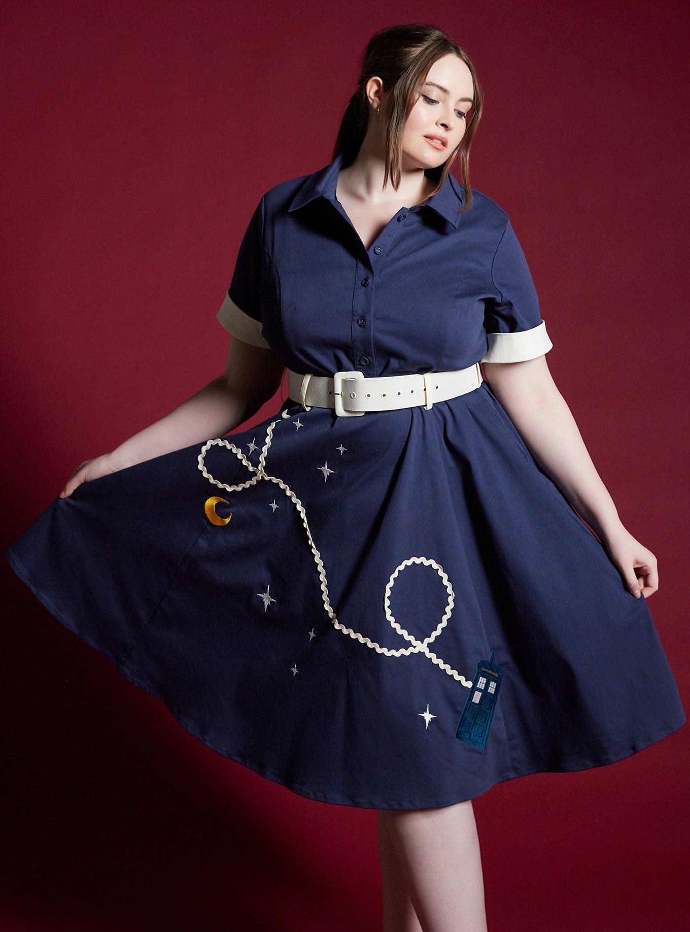 Her Universe Doctor Who Retro Dress With Belt Plus Size Her Universe Exclusive, NAVY  WHITE, hi-res
