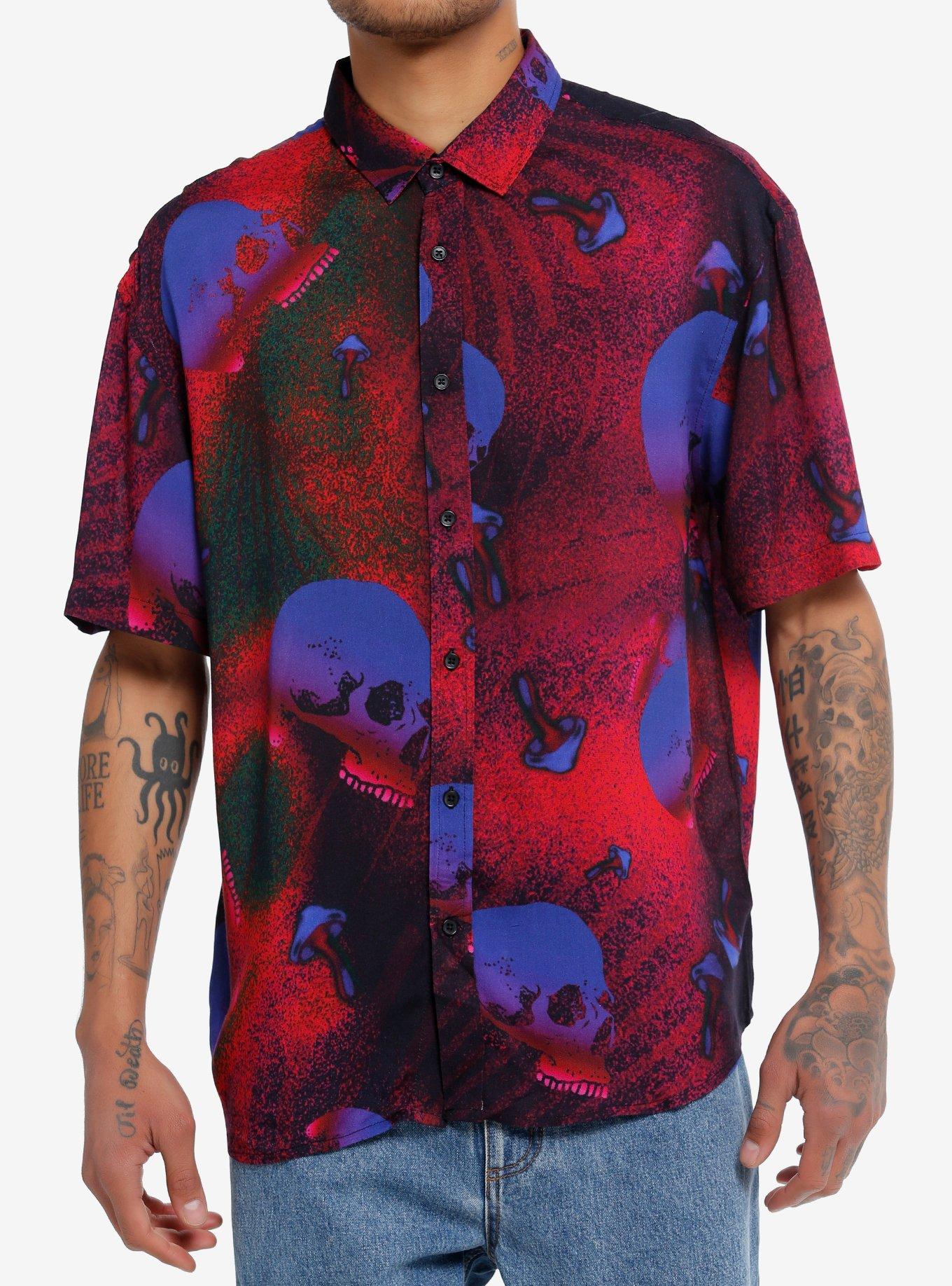 Skulls & Mushrooms Oversized Woven Button-Up, MULTI, hi-res