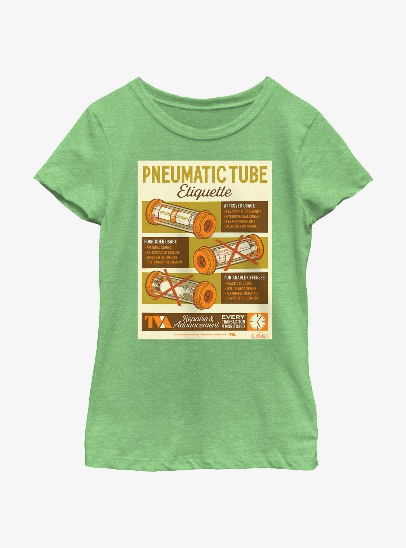 Marvel Loki Pneumatic Tube Infographic Poster Youth Girls T-Shirt, GRN APPLE, hi-res