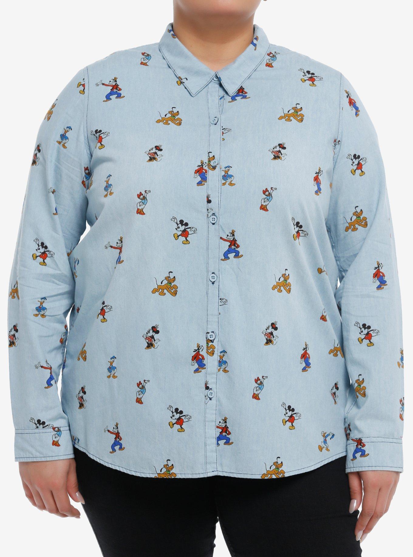 Her Universe Mickey Mouse And Friends Denim Long-Sleeve Woven Button-Up Plus Size Her Universe Exclusive, MULTI, hi-res