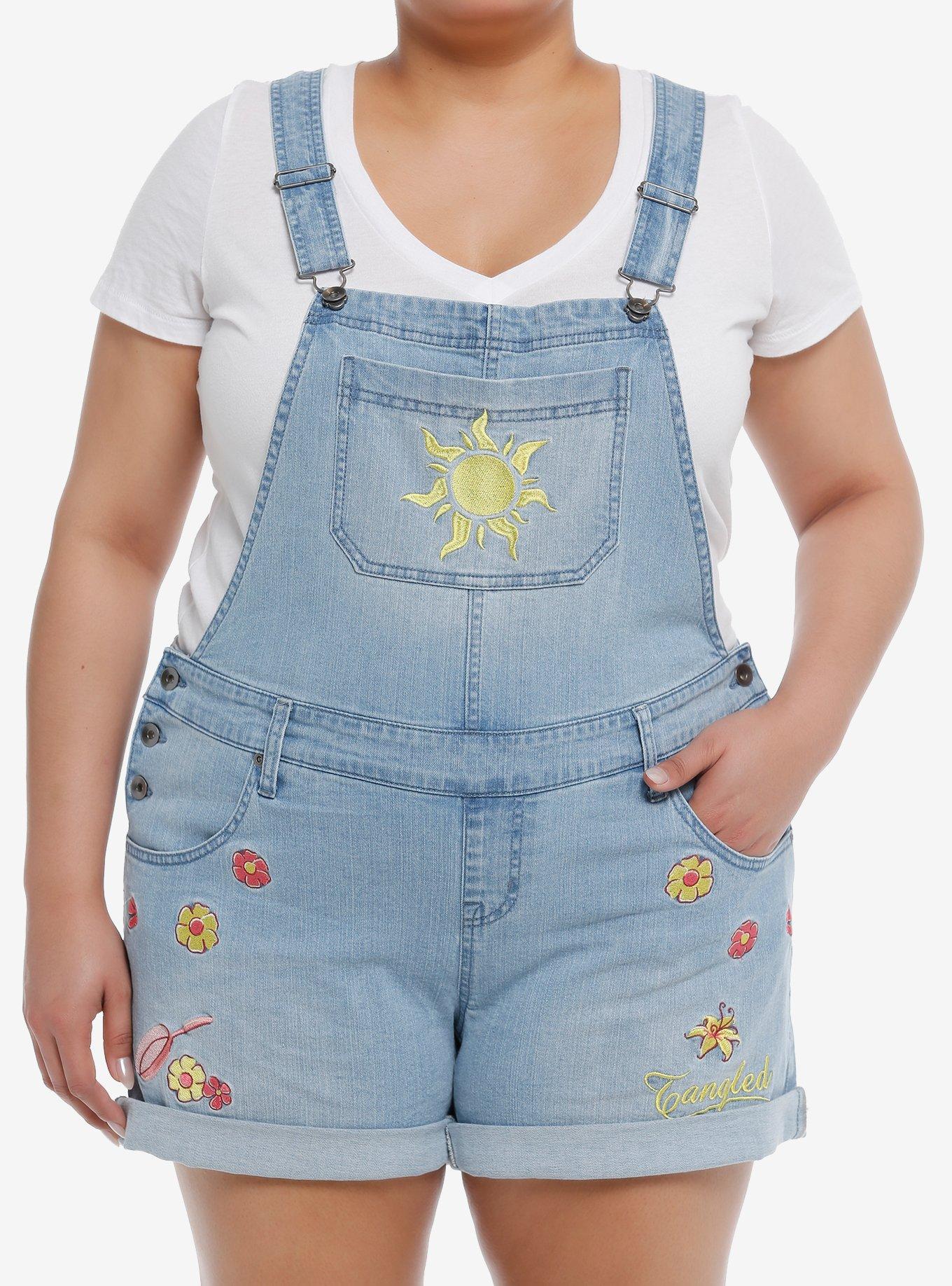 Her Universe Disney Tangled Icons Denim Shortalls Plus Size Her Universe Exclusive, MEDIUM WASHED DENIM, hi-res