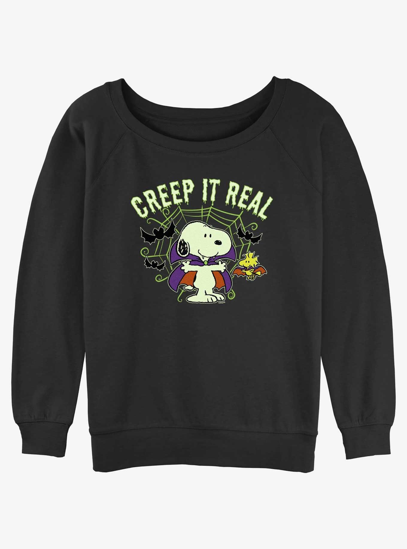 Peanuts Creep It Real Snoopy Girls Slouchy Sweatshirt BLACK