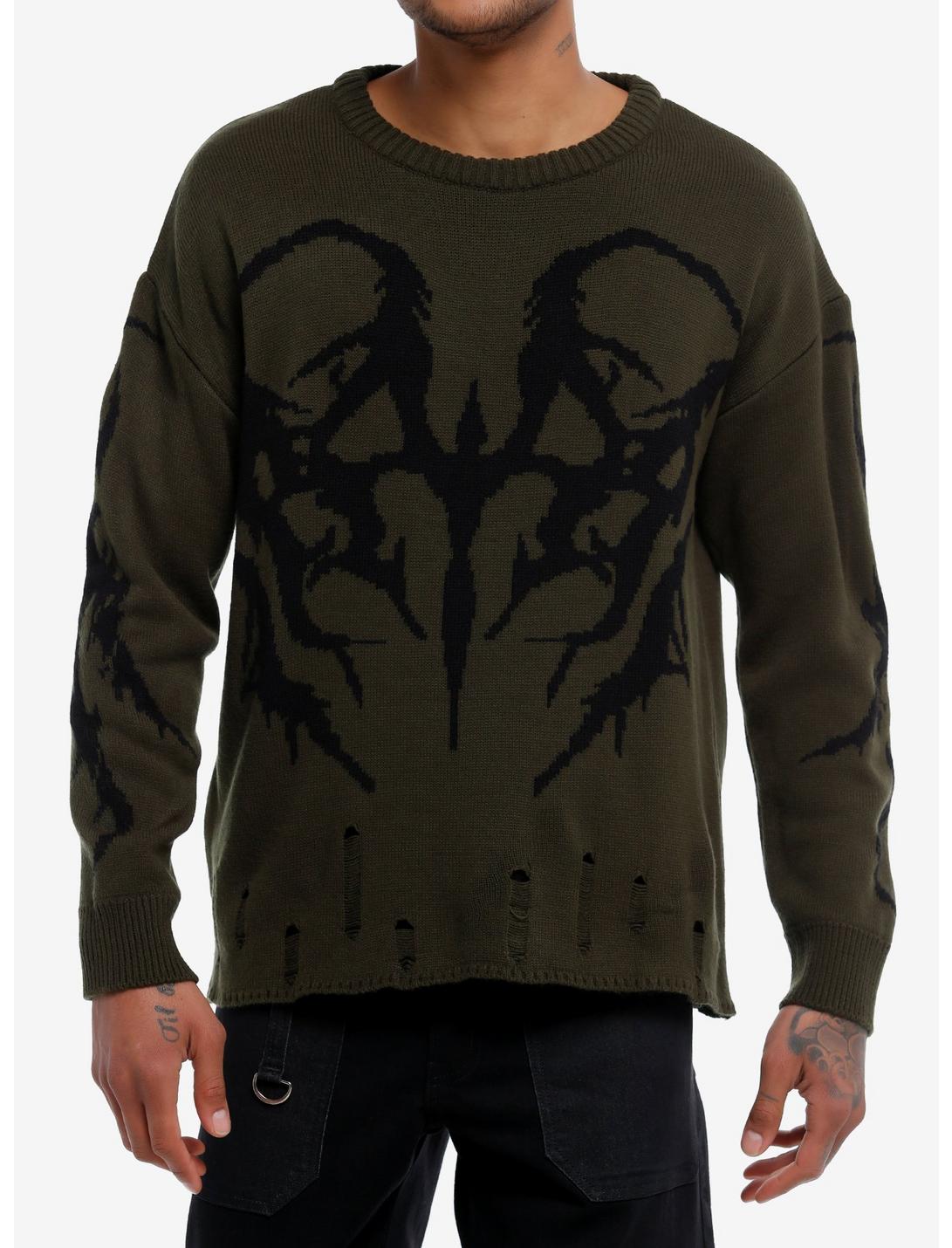 Green & Black Thorn Distressed Knit Sweater, GREEN, hi-res