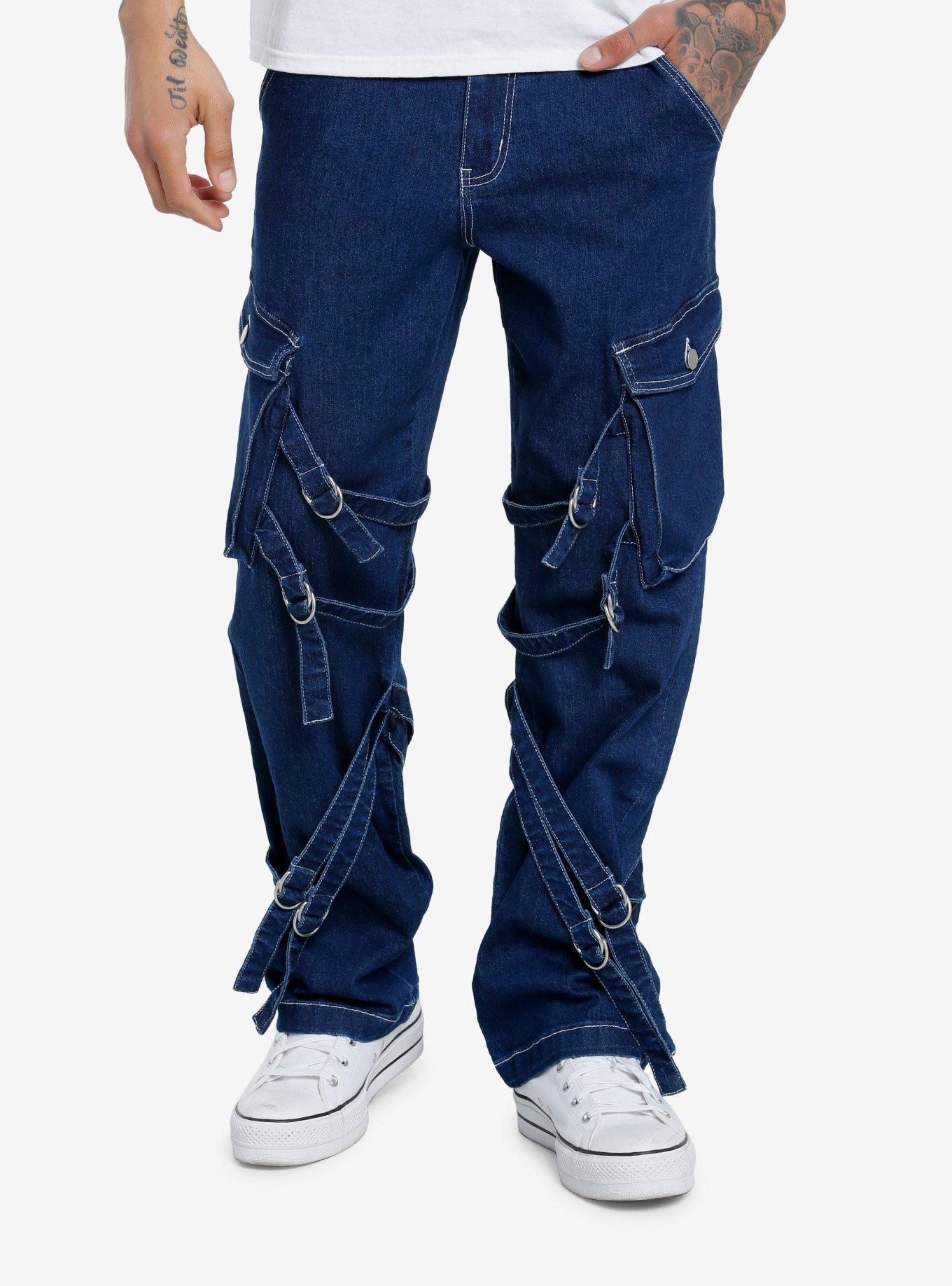 Dark Indigo Strappy Cargo Jeans, BLACK, hi-res