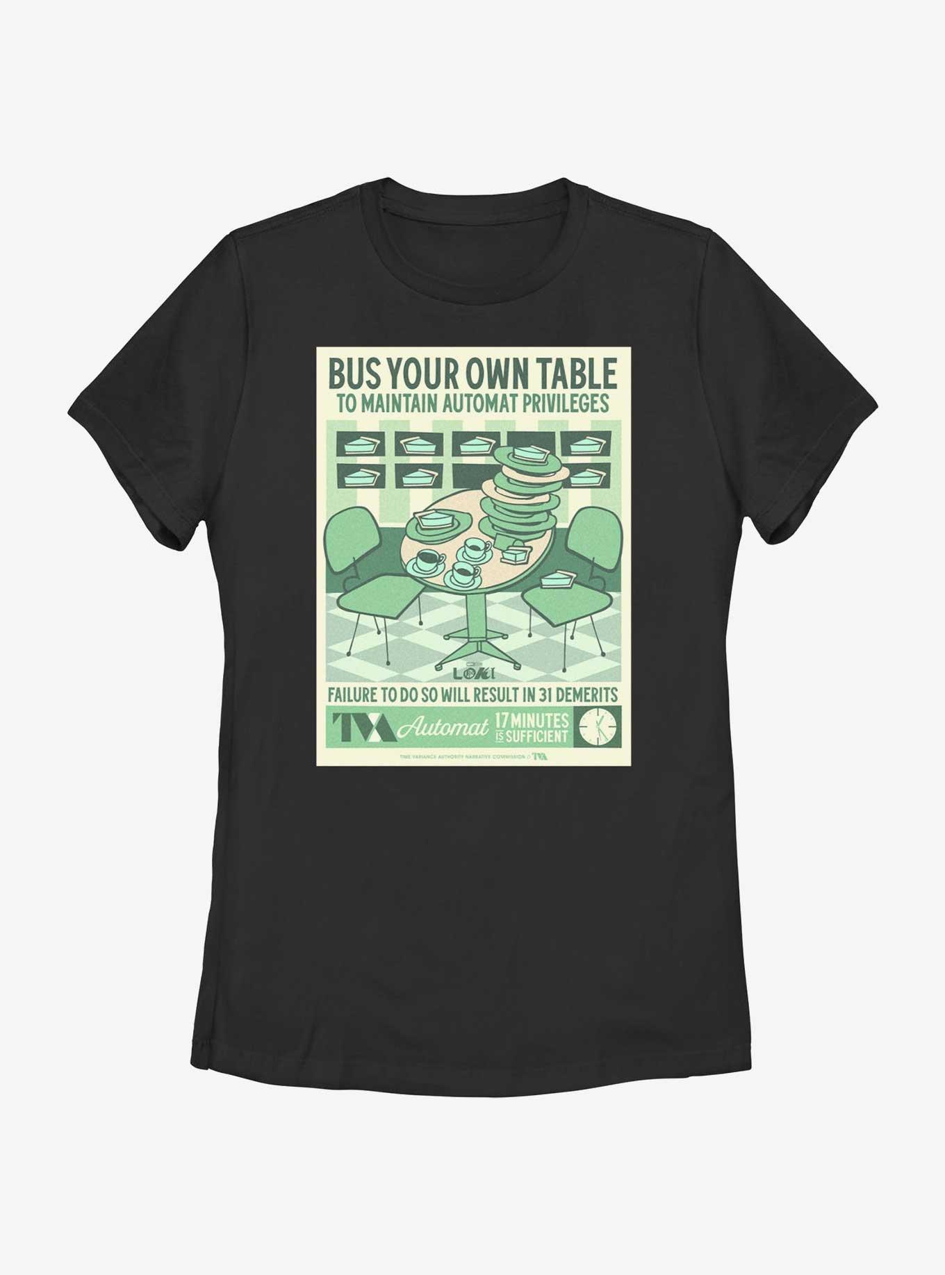 Marvel Loki Bus Your Own Table Poster Womens T-Shirt, BLACK, hi-res
