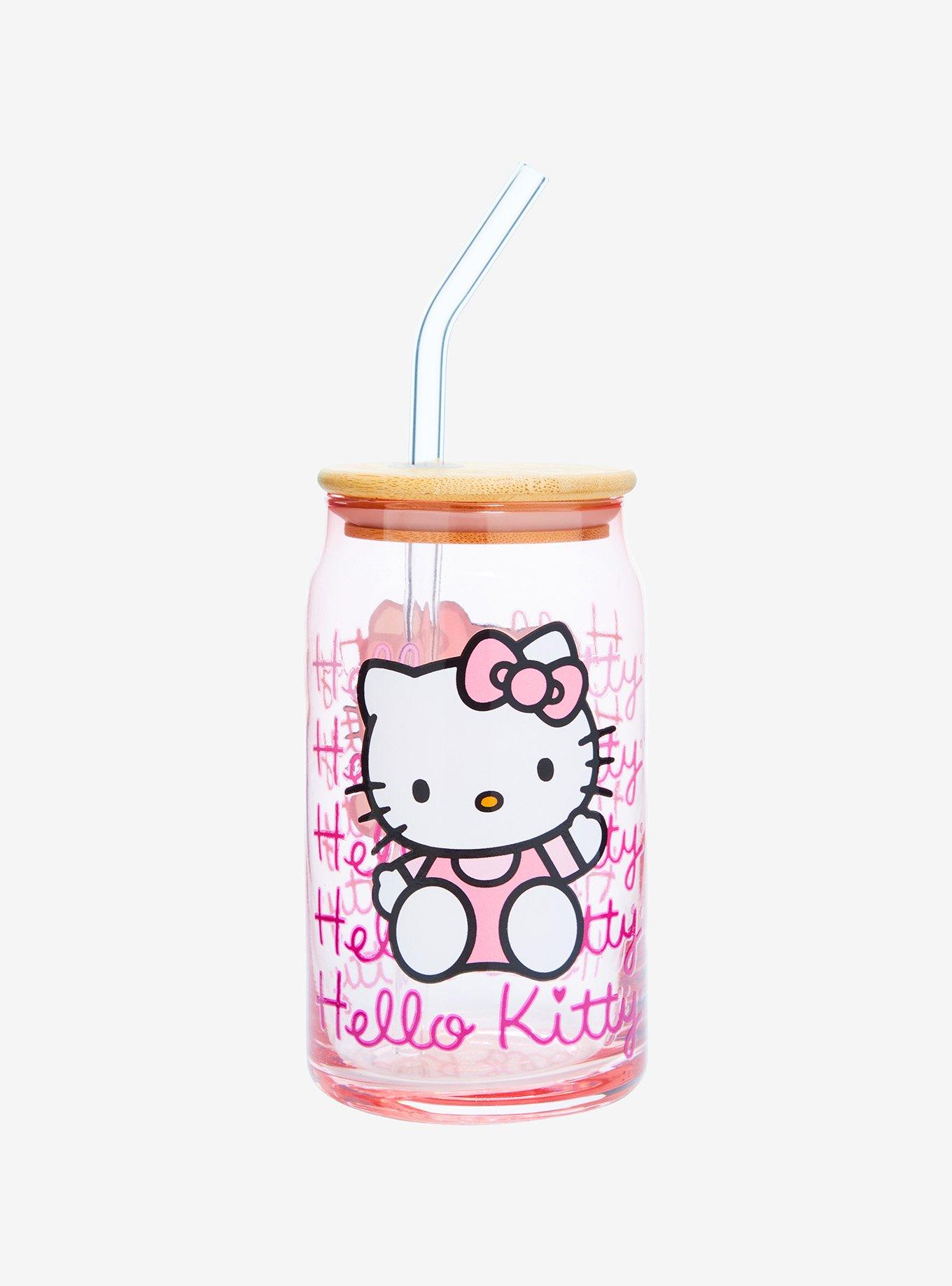 Hello Kitty Heart Frosted 16 Oz Glass Cup Glass Straw And Bamboo Lid NEW