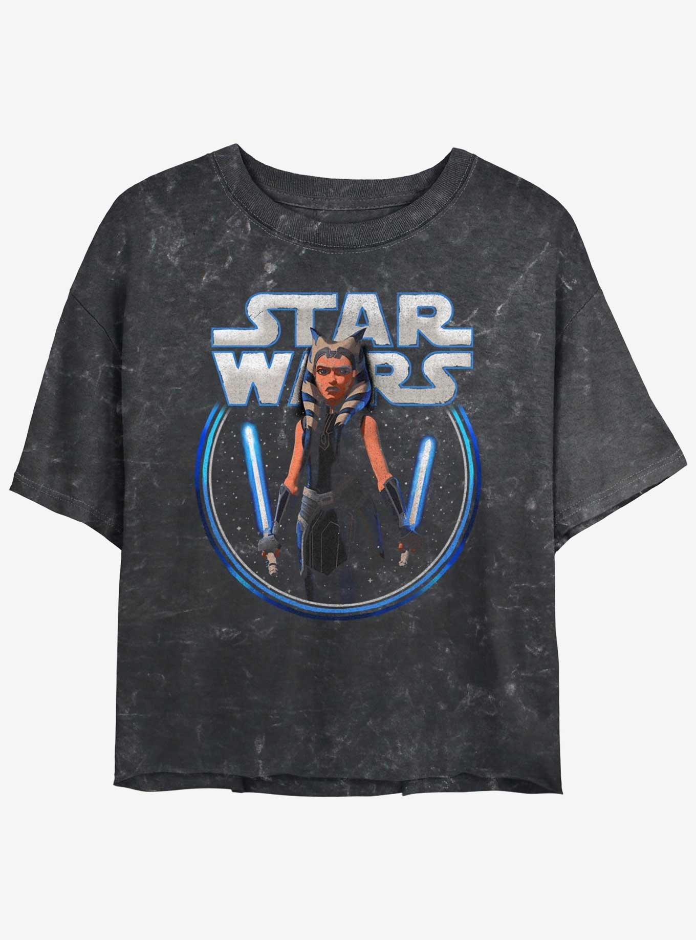 Star Wars: Clone Wars Ahsoka Stars Mineral Wash Girls Crop T-Shirt, BLACK, hi-res