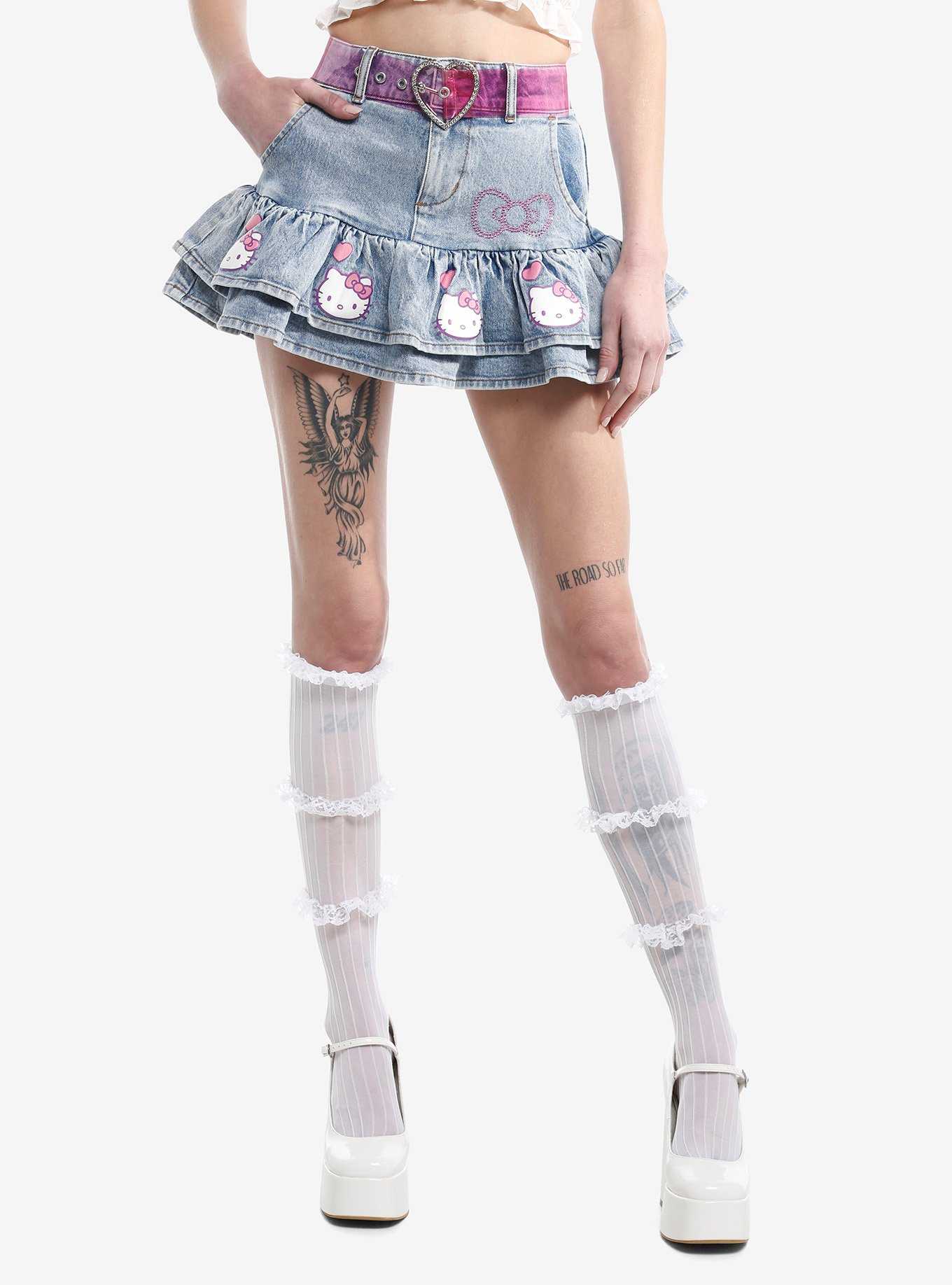 Hello Kitty Pink Heart Belt Denim Mini Skirt, , hi-res