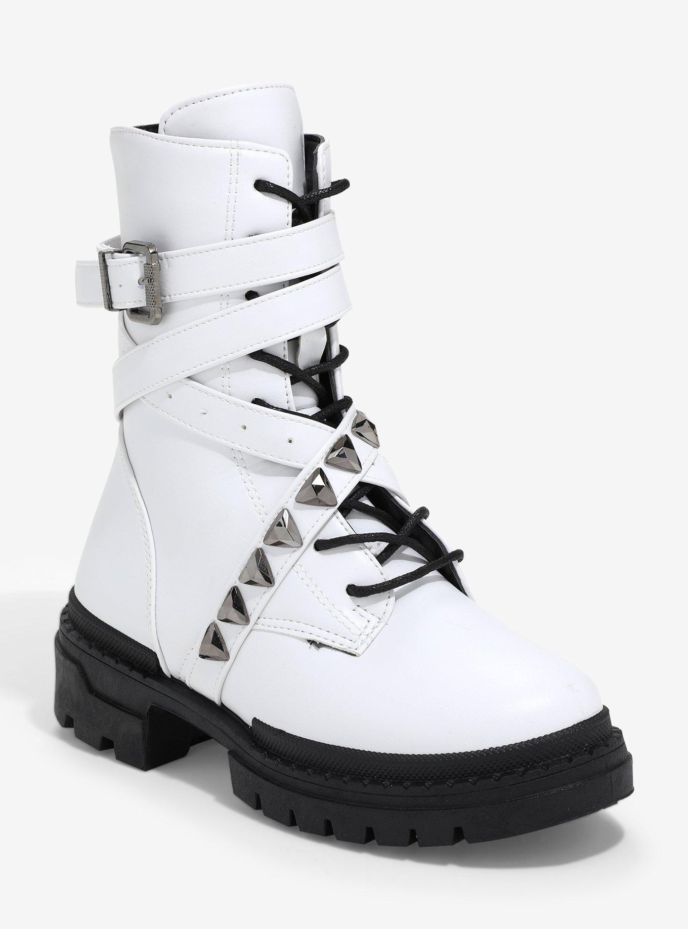 Yoki White Studded Buckle Combat Boots, , hi-res