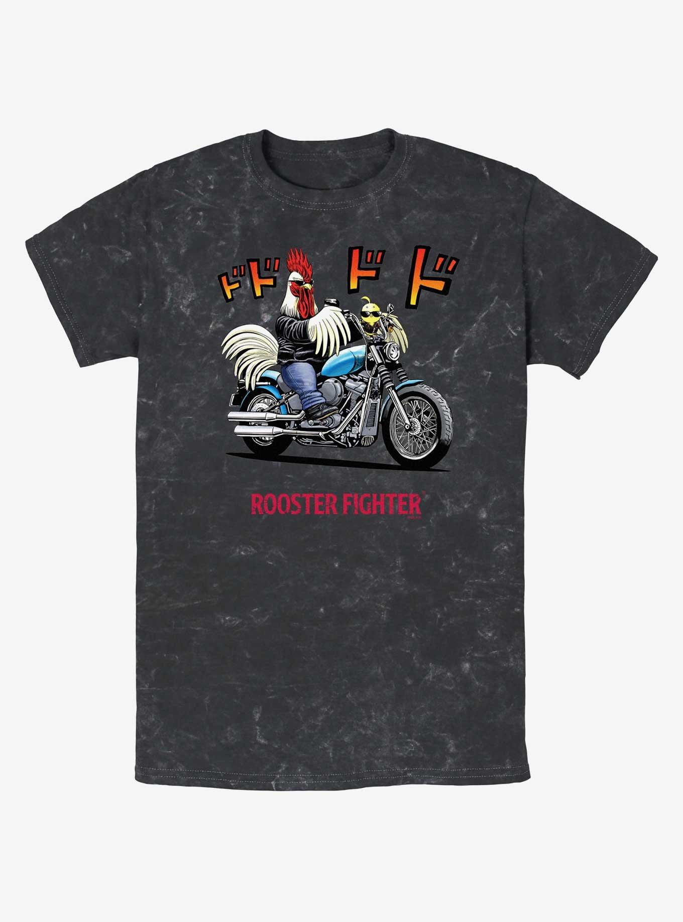 Rooster Fighter Rooster Motorcycle Mineral Wash T-Shirt, BLACK, hi-res