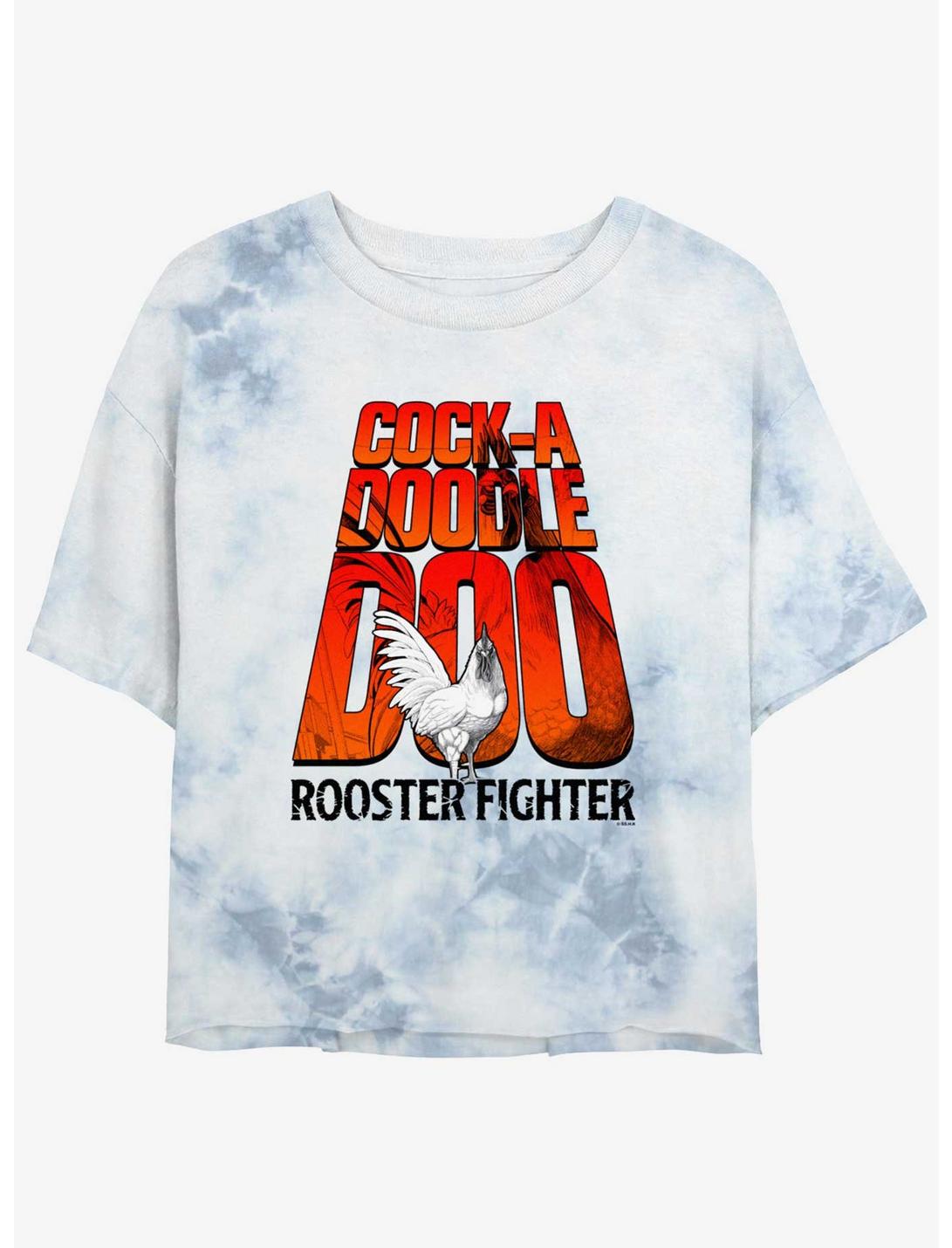 Rooster Fighter Cock-A-Doodle-Doo Logo Girls Tie-Dye Crop T-Shirt, WHITEBLUE, hi-res