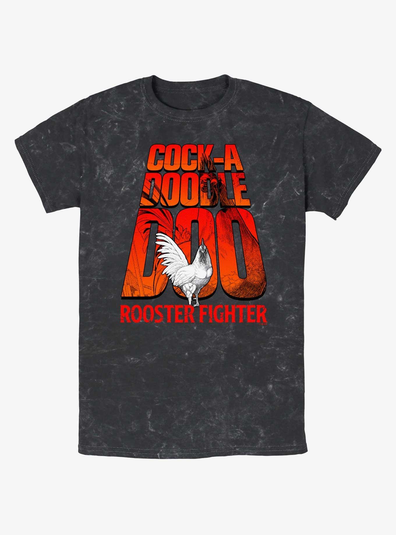 Rooster Fighter Cock-A-Doodle-Doo Logo Mineral Wash T-Shirt, BLACK, hi-res