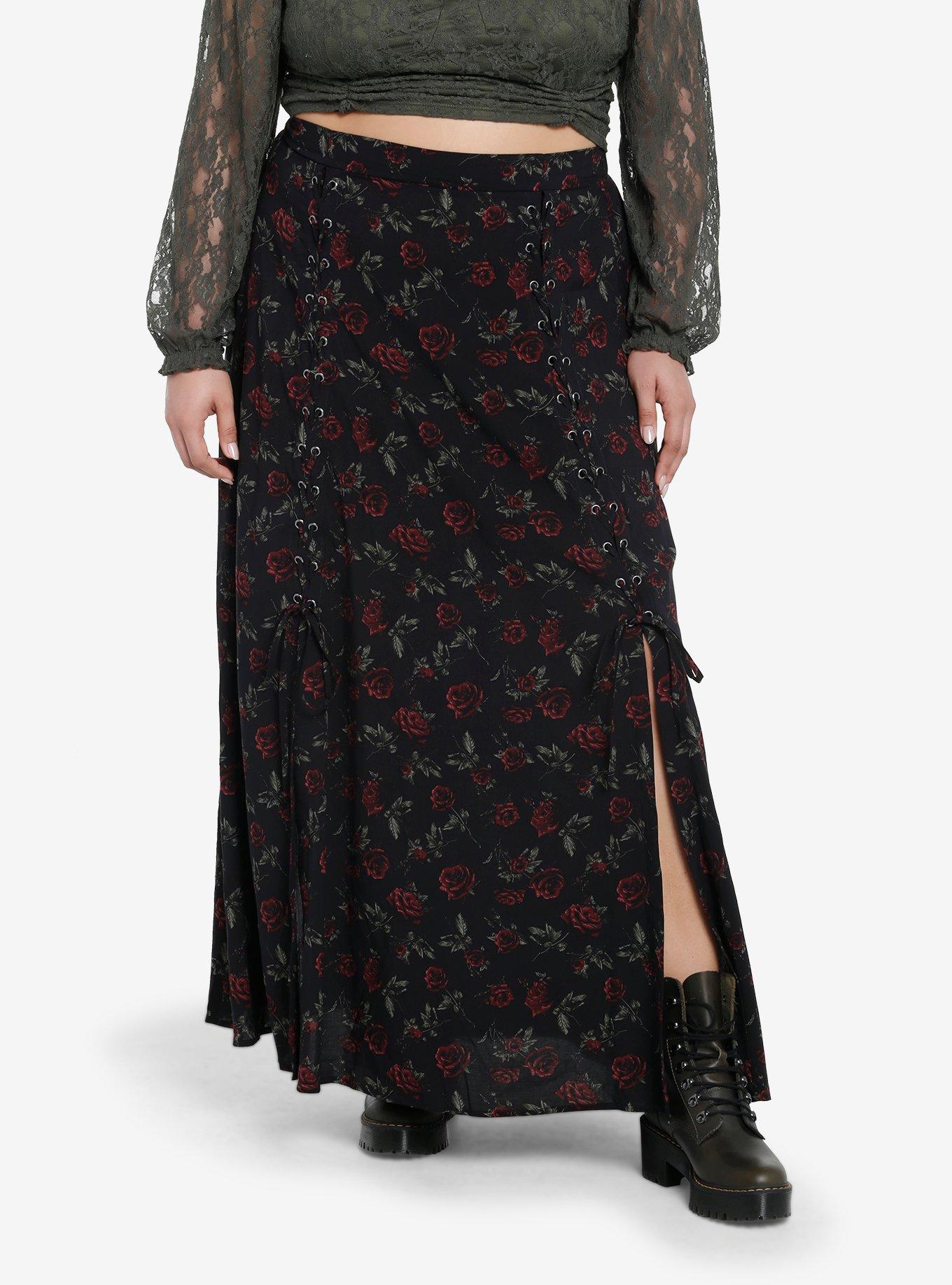 Thorn & Fable Dark Red Rose Lace-Up Maxi Skirt Plus Size