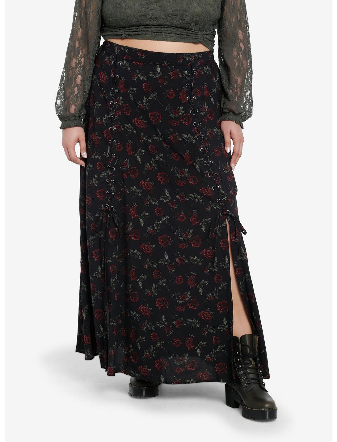 Thorn & Fable Dark Red Rose Lace-Up Maxi Skirt Plus Size, RED, hi-res