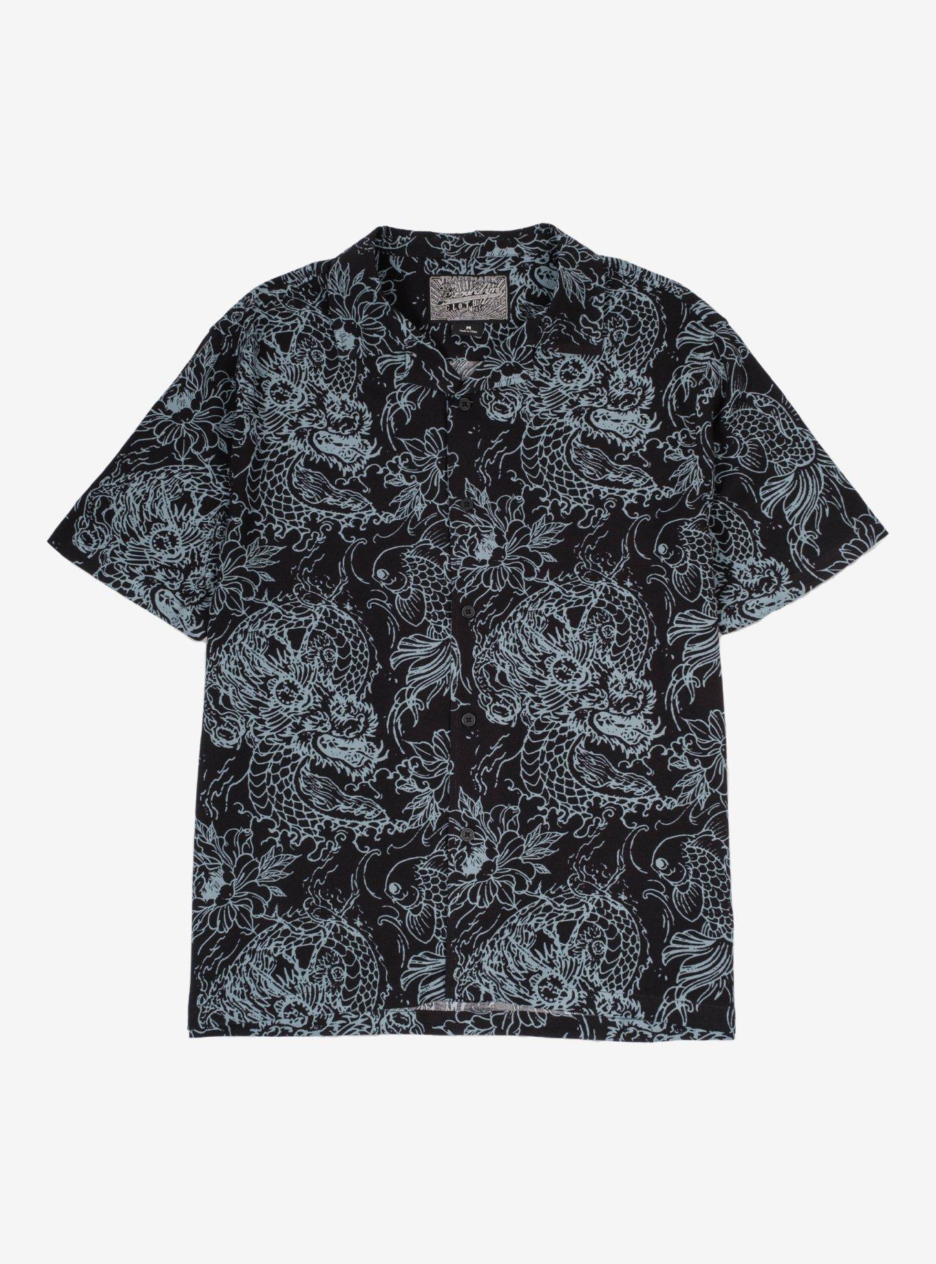 Koi Dragons Rayon Button-Up Shirt, BLACK, hi-res