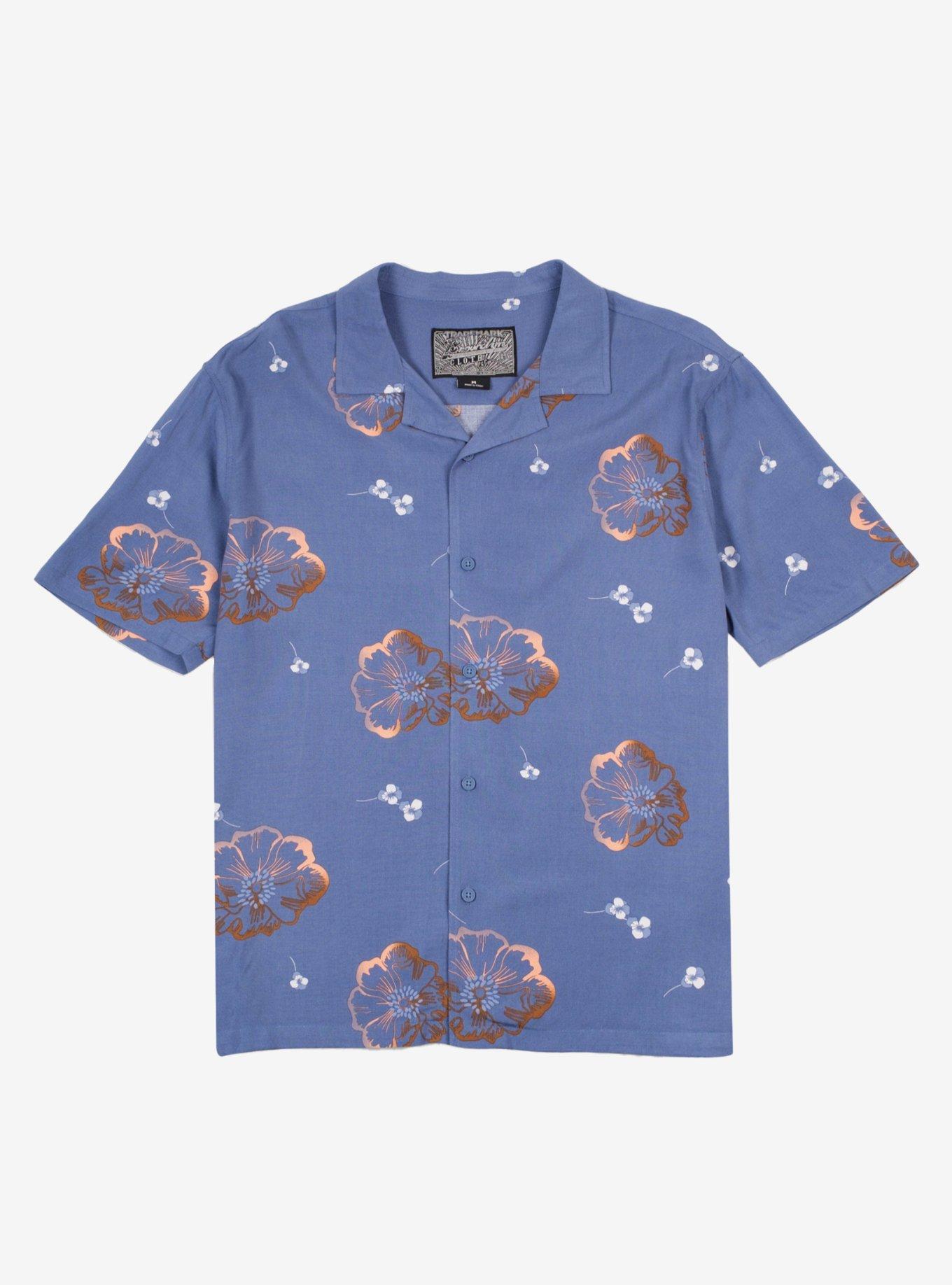Floating Flowers Rayon Button-Up Shirt Blue, BLUE, hi-res