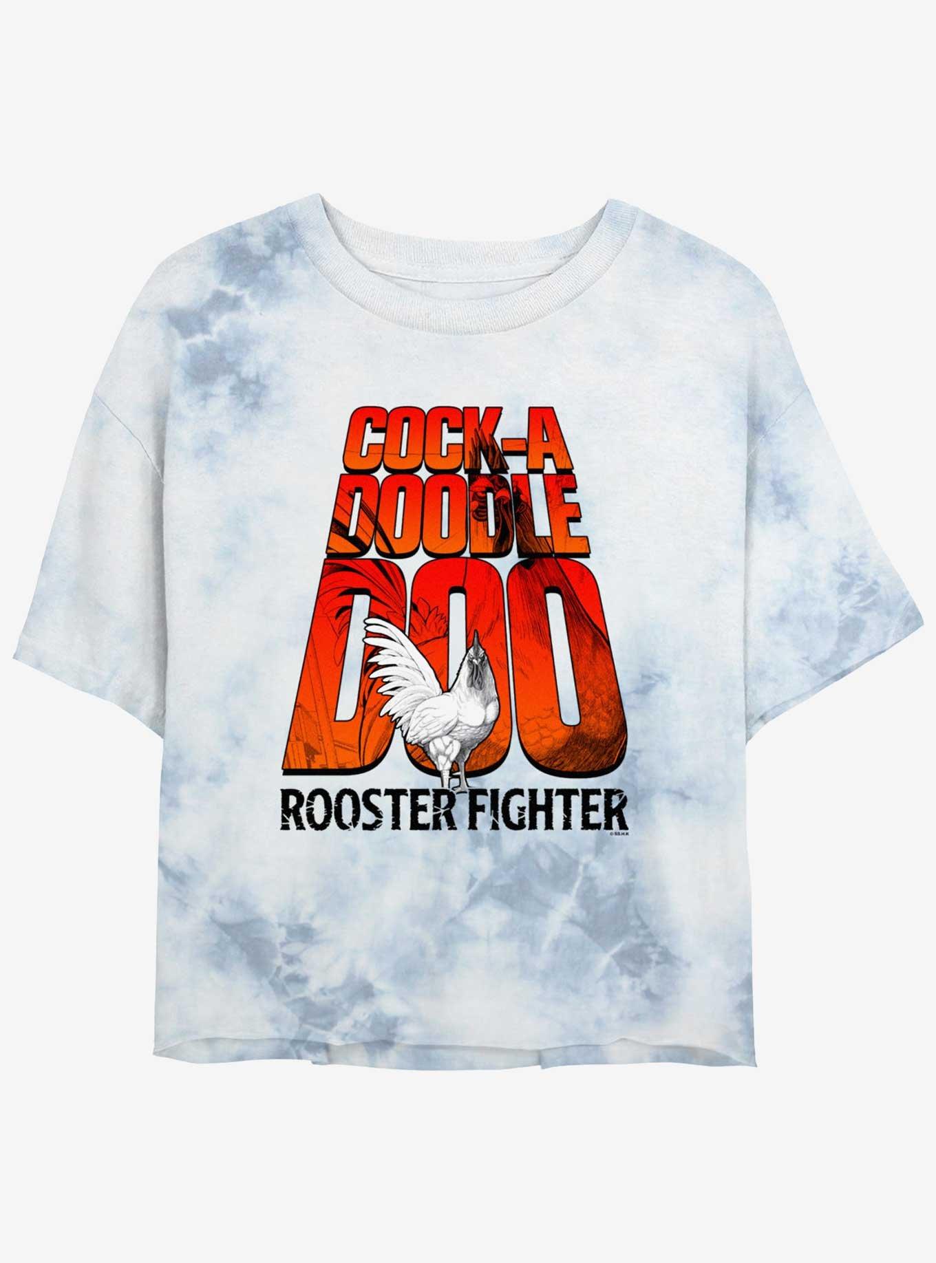 Rooster Fighter Cock-A-Doodle-Doo Logo Womens Tie-Dye Crop T-Shirt, WHITEBLUE, hi-res