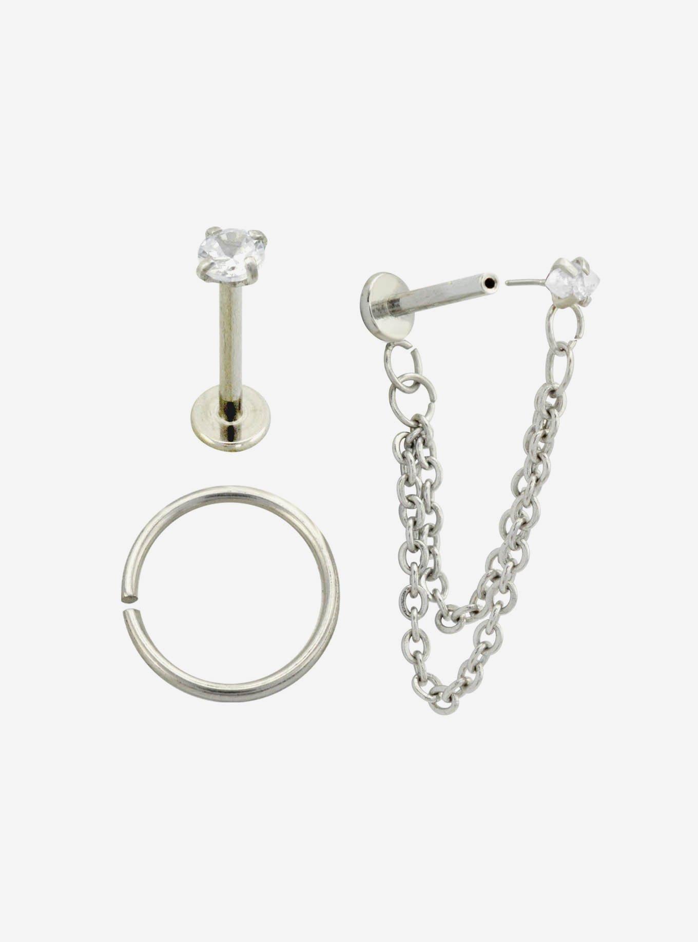 Steel Silver CZ Gem Double Chain Labret Stud & Hoop 3 Pack, , hi-res