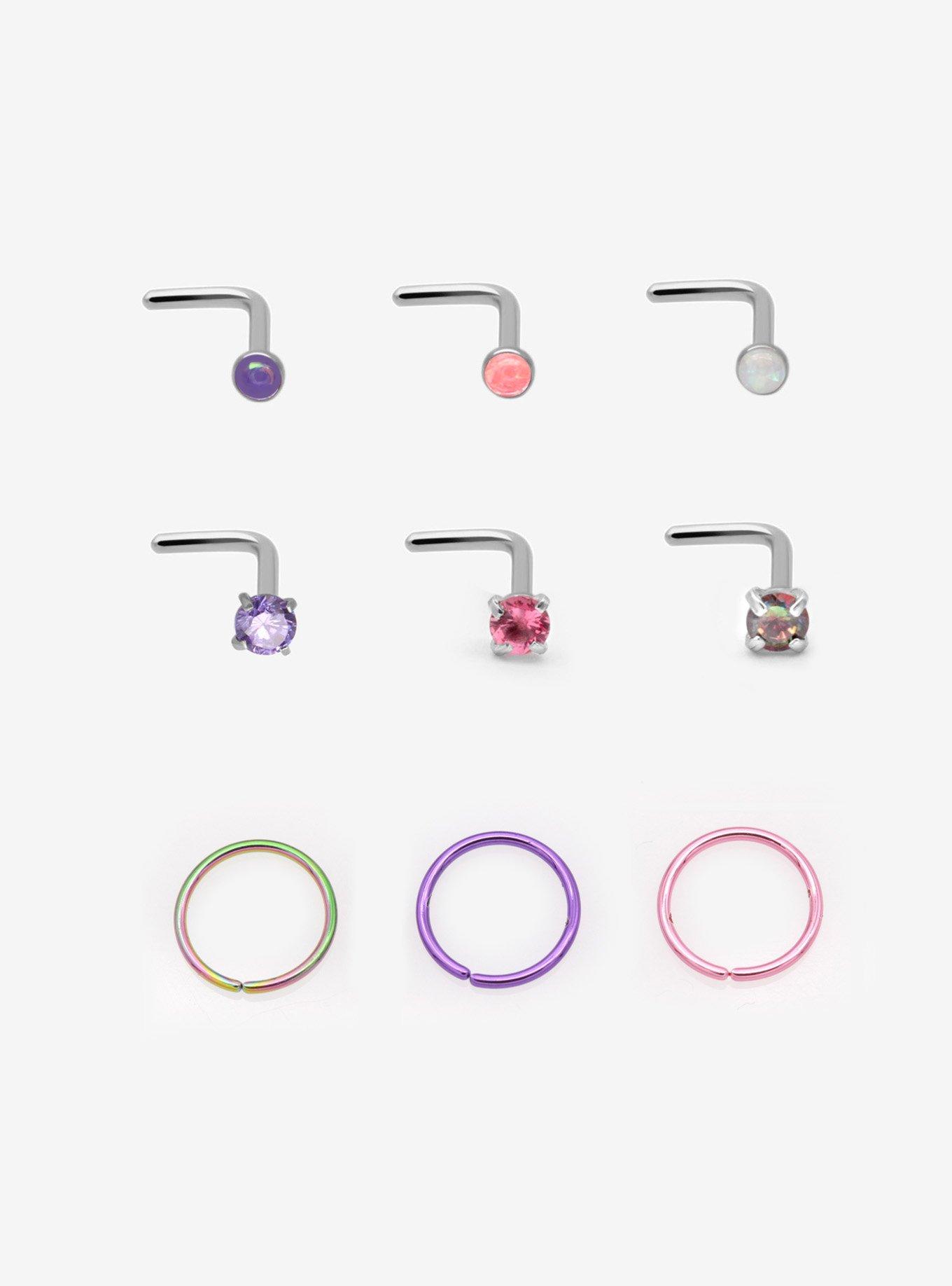 Steel Opalescent Gem Nose Stud & Hoop 9 Pack, MULTI, hi-res