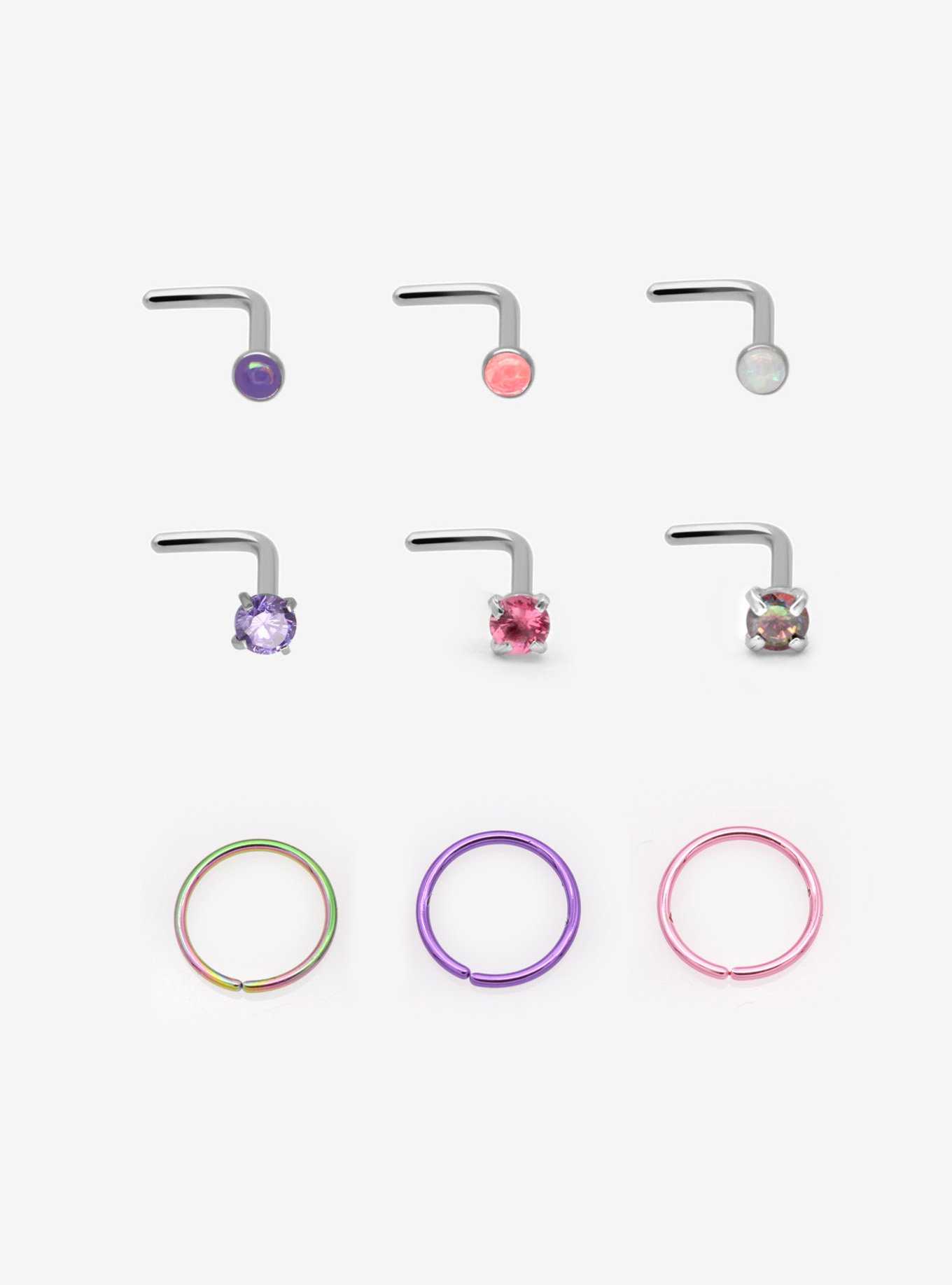 Steel Opalescent Gem Nose Stud & Hoop 9 Pack, , hi-res