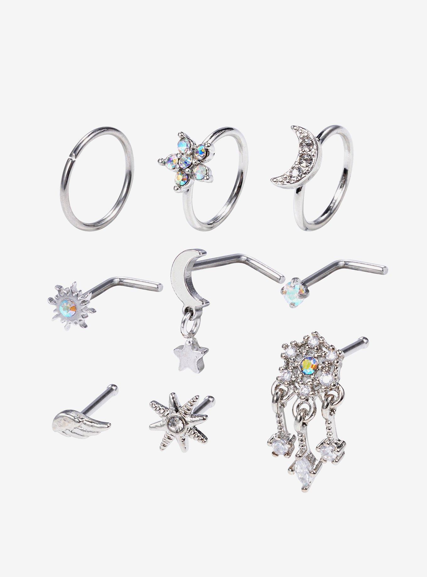 Steel Celestial Flower Nose Stud & Hoop 9 Pack, MULTI, hi-res