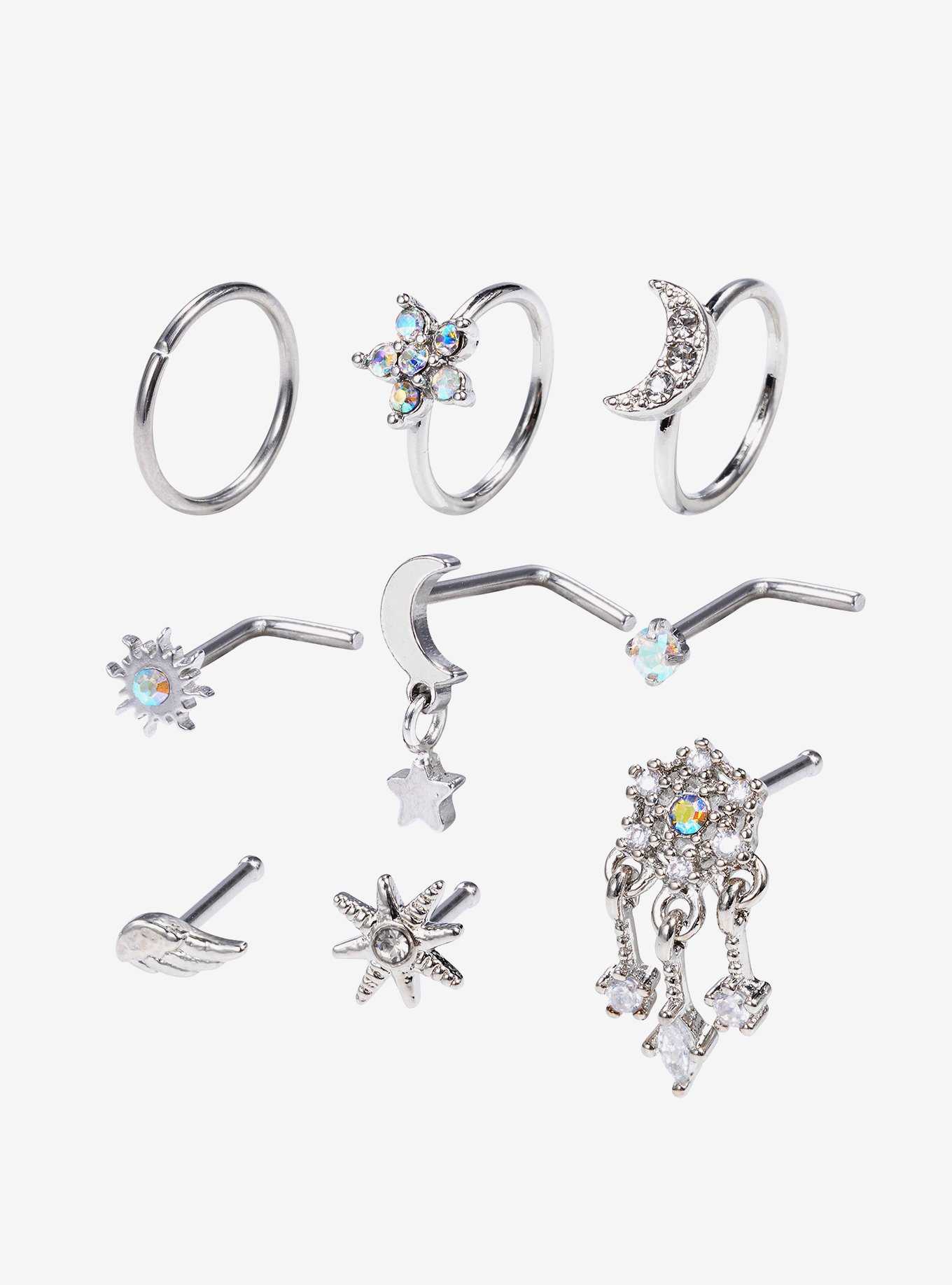 Steel Celestial Flower Nose Stud & Hoop 9 Pack, , hi-res