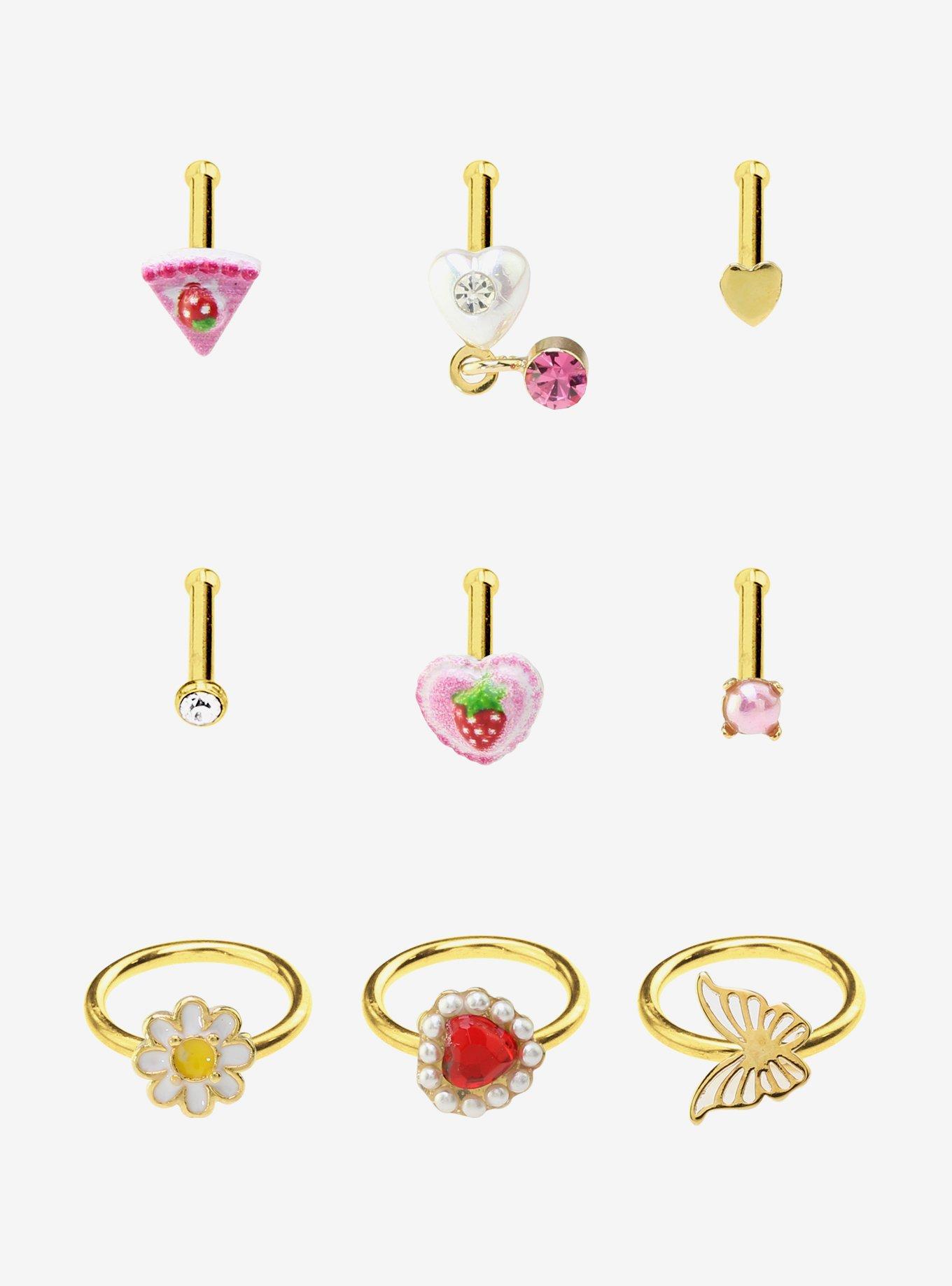 Steel Strawberry Sweets Nose Stud & Hoop 9 Pack, MULTI, hi-res