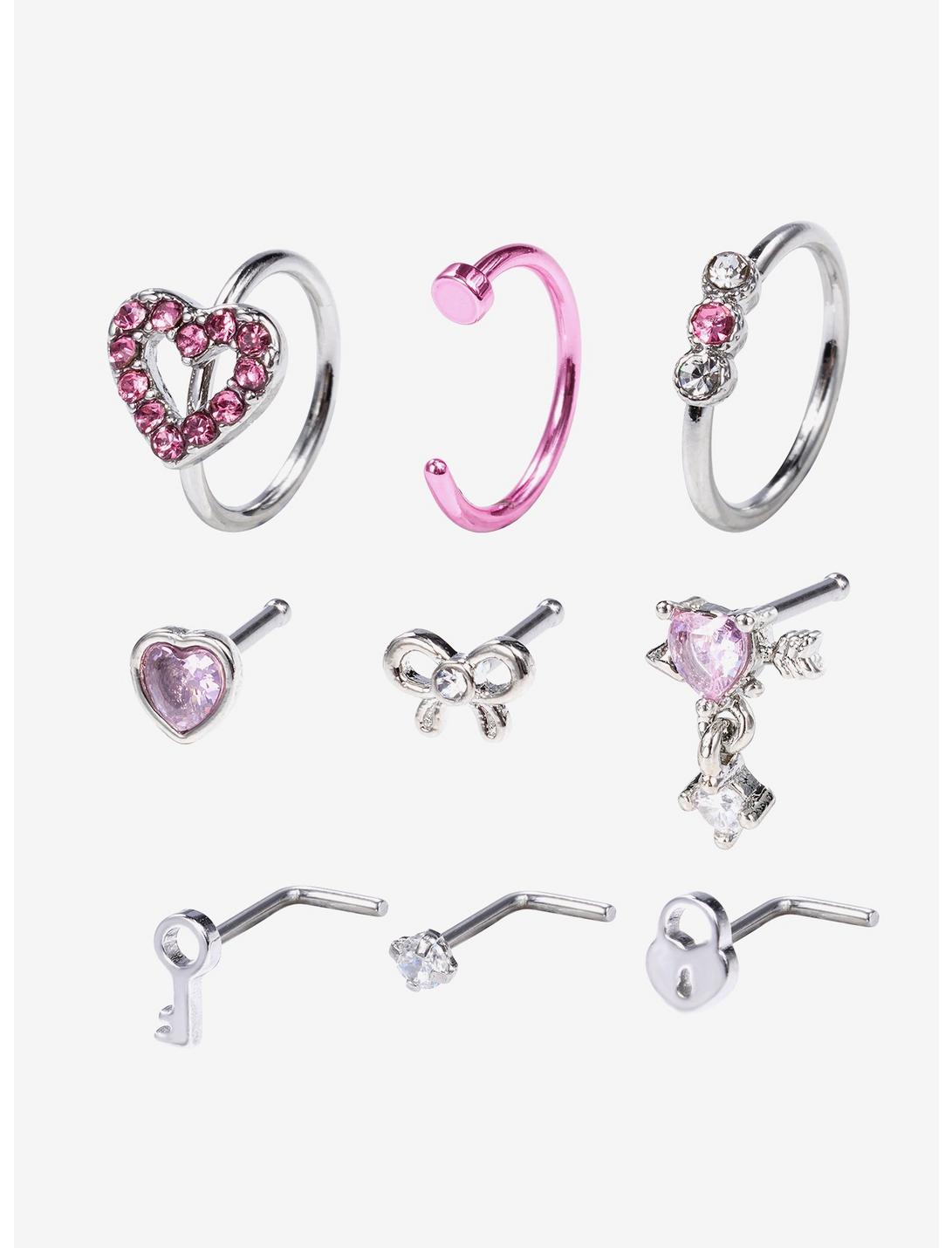 Steel Pink Heart Bow Nose Stud & Hoop 9 Pack, MULTI, hi-res
