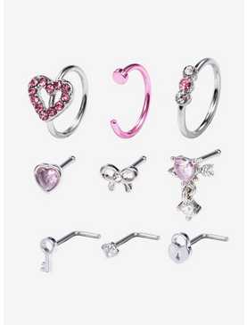 Steel Pink Heart Bow Nose Stud & Hoop 9 Pack, , hi-res