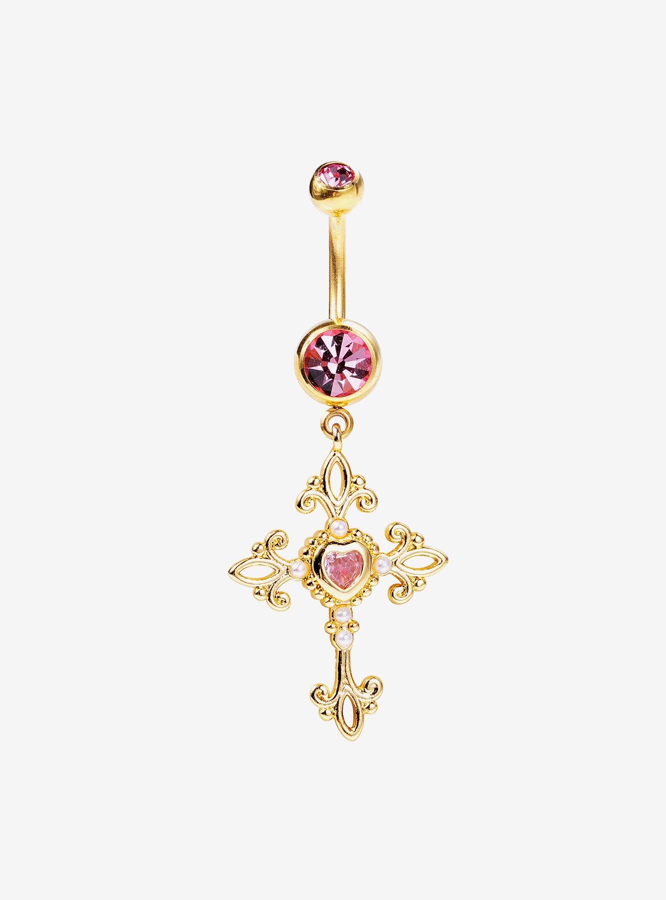 14G Steel Ornate Cross Gem Navel Barbell, , hi-res