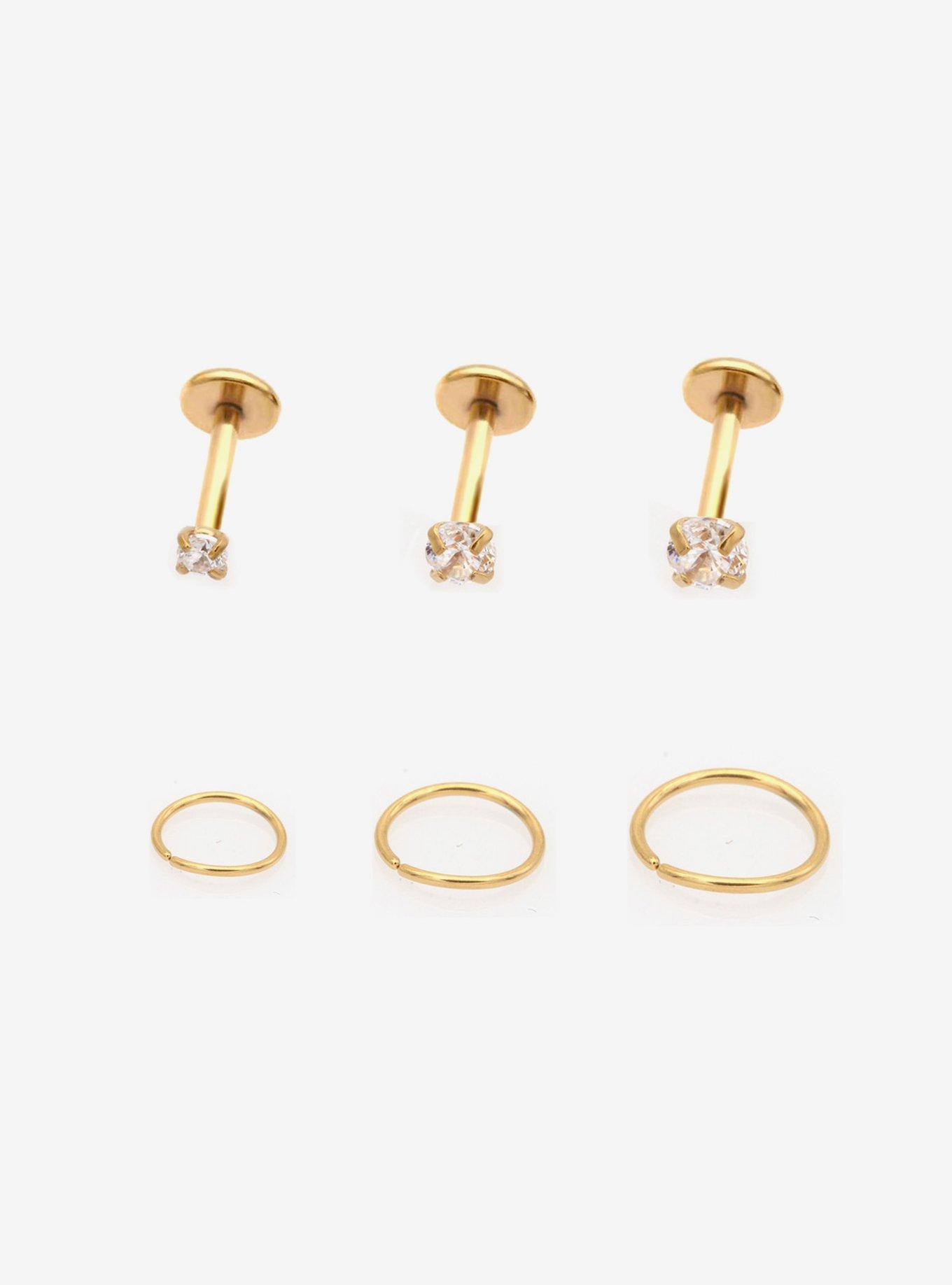 18g Steel Gold Gem Labret Stud & Hoop 6 Pack