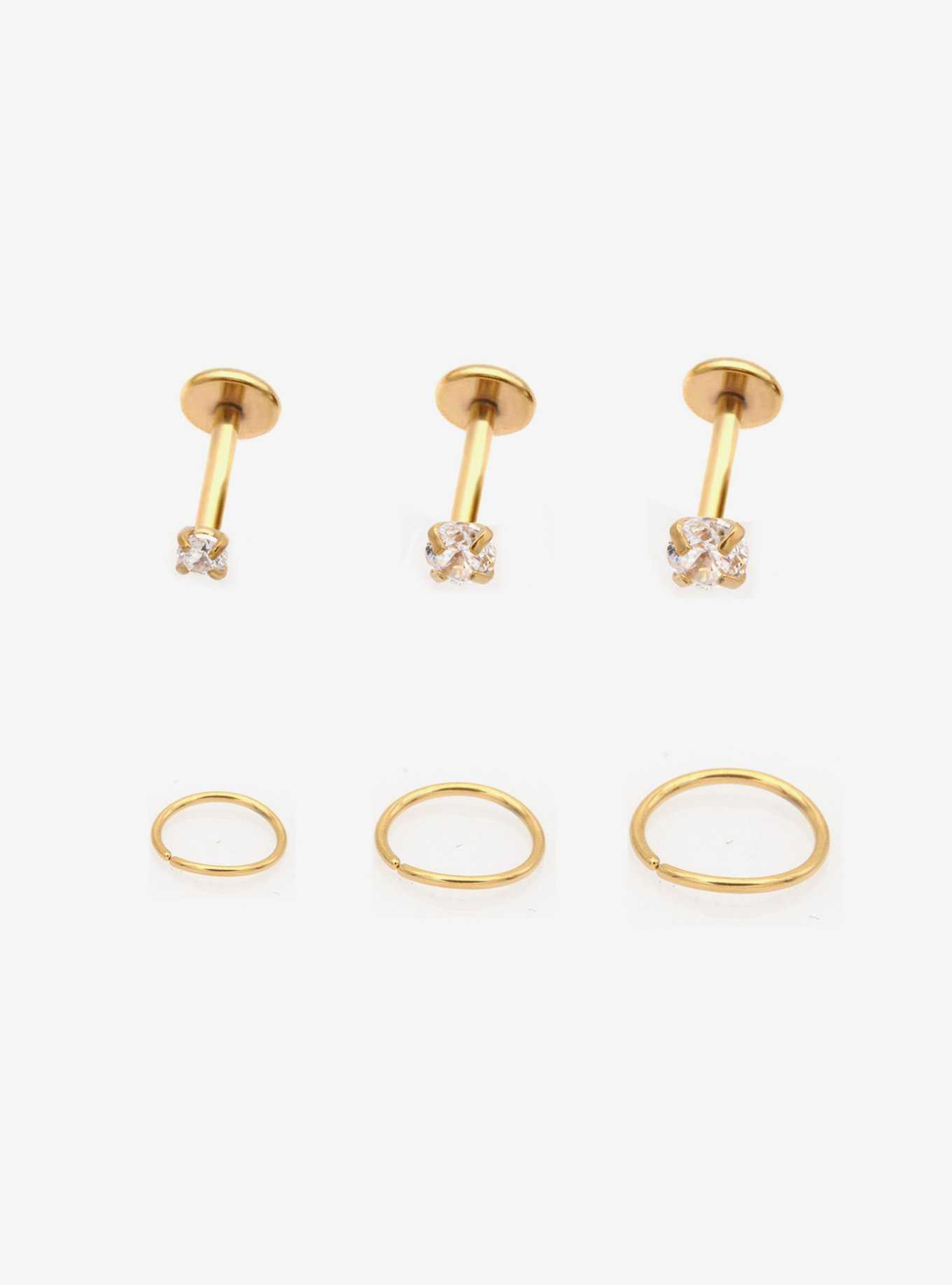 18G Steel Gold Gem Labret Stud & Hoop 6 Pack, , hi-res