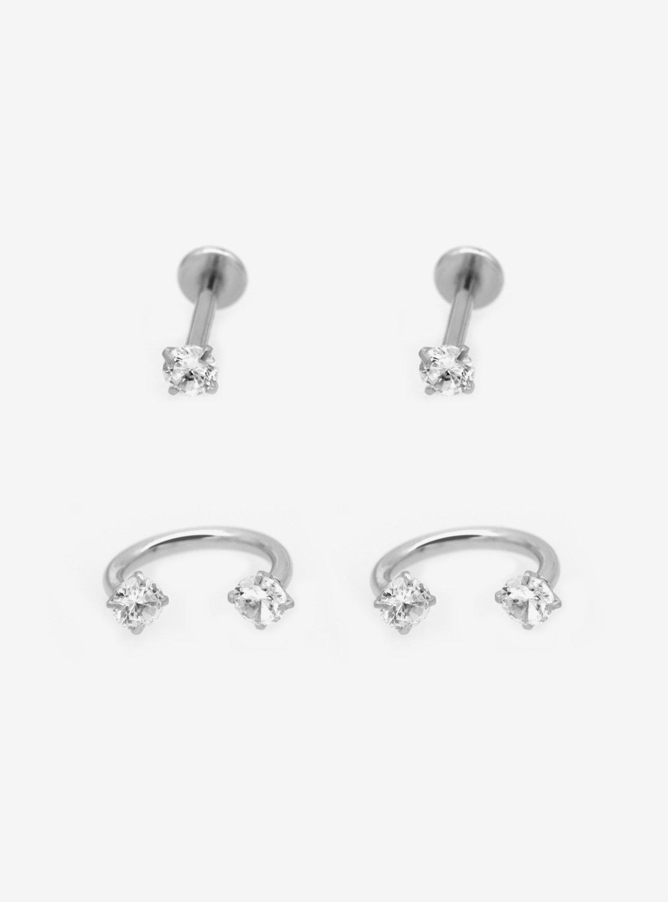 16G Steel Silver Gem Labret Stud & Circular Barbell 4 Pack, , hi-res