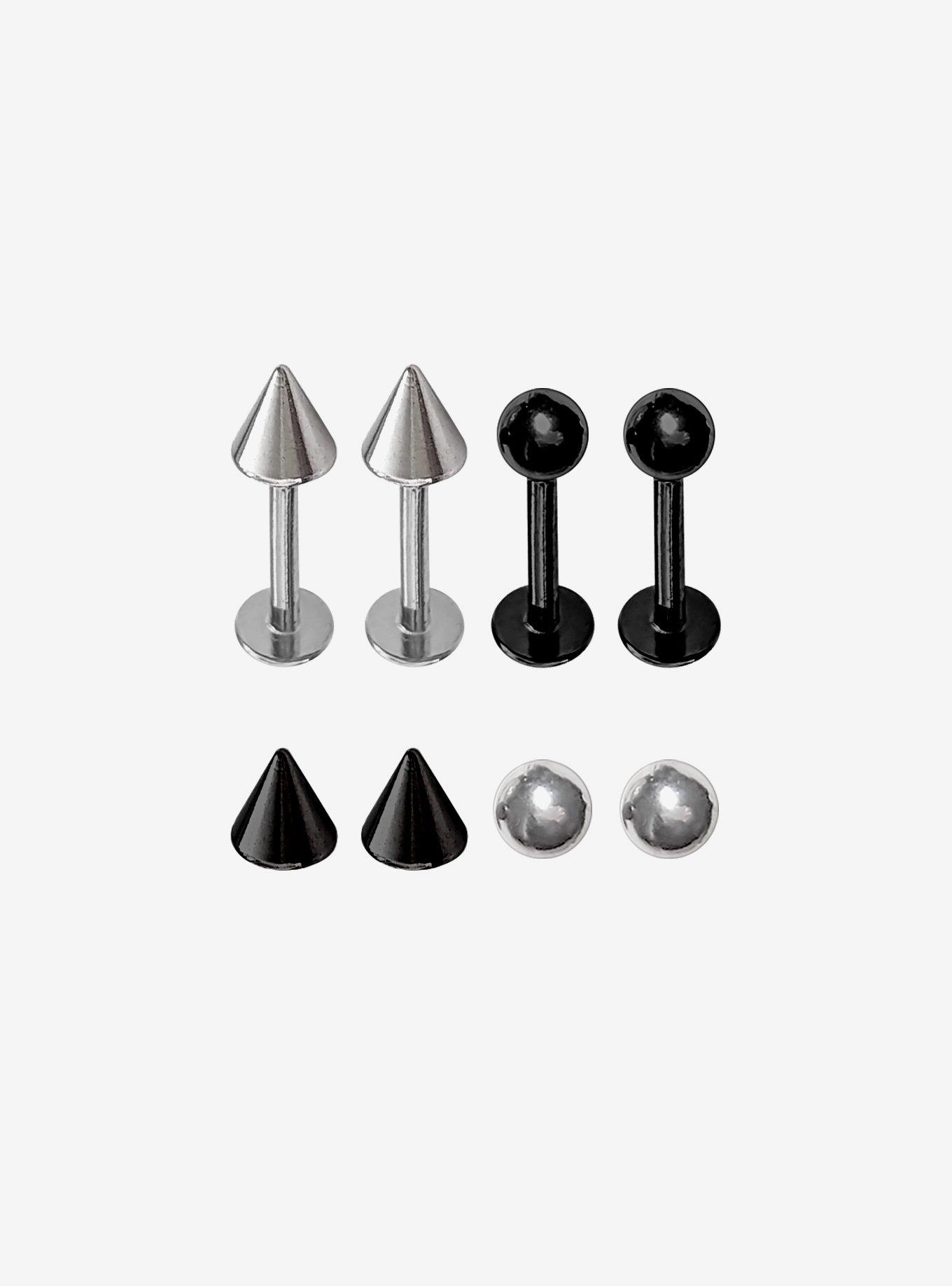 Silver & Black Steel Labret Ball & Spike Stud 4 Pack, , hi-res