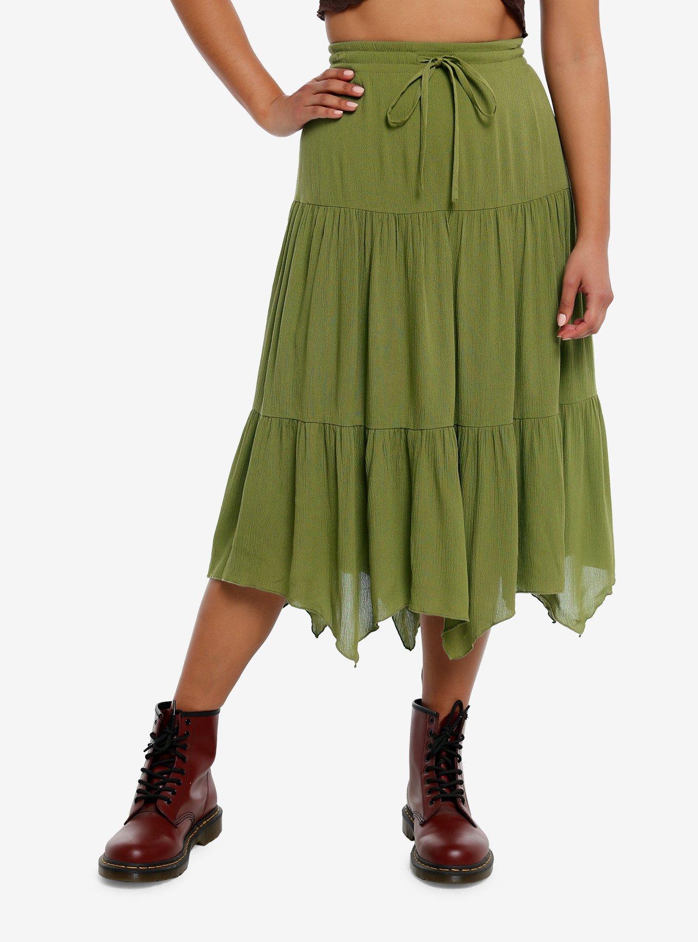 Thorn & Fable® Green Tiered Hanky Hem Midi Skirt