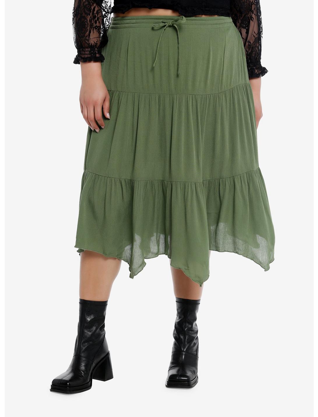 Thorn & Fable® Green Tiered Hanky Hem Midi Skirt Plus Size, OLIVE, hi-res