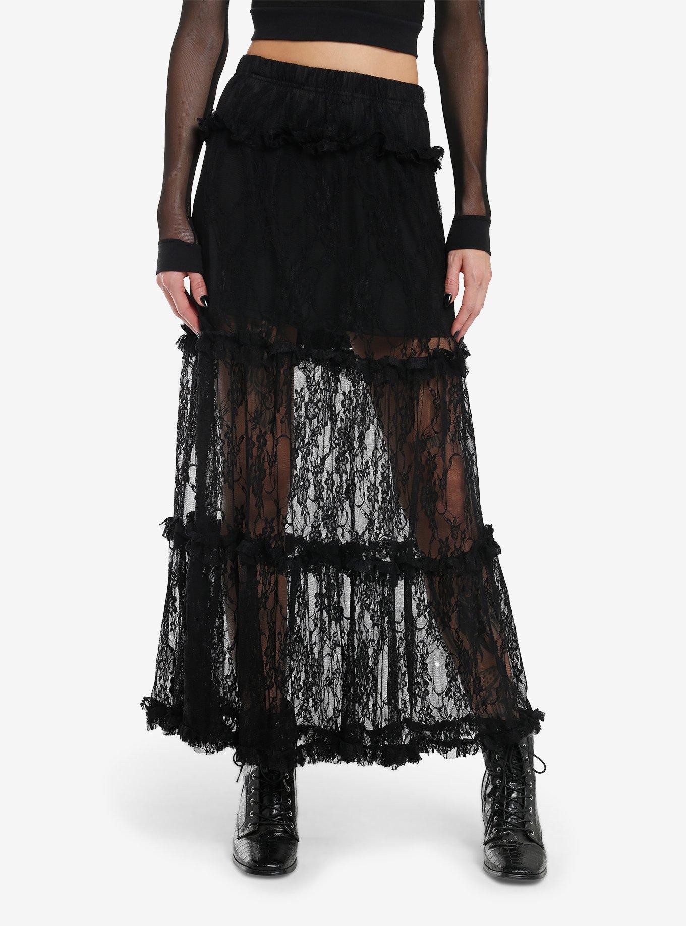 Daisy Street Black Lace Ruffle Sheer Maxi Skirt, , hi-res