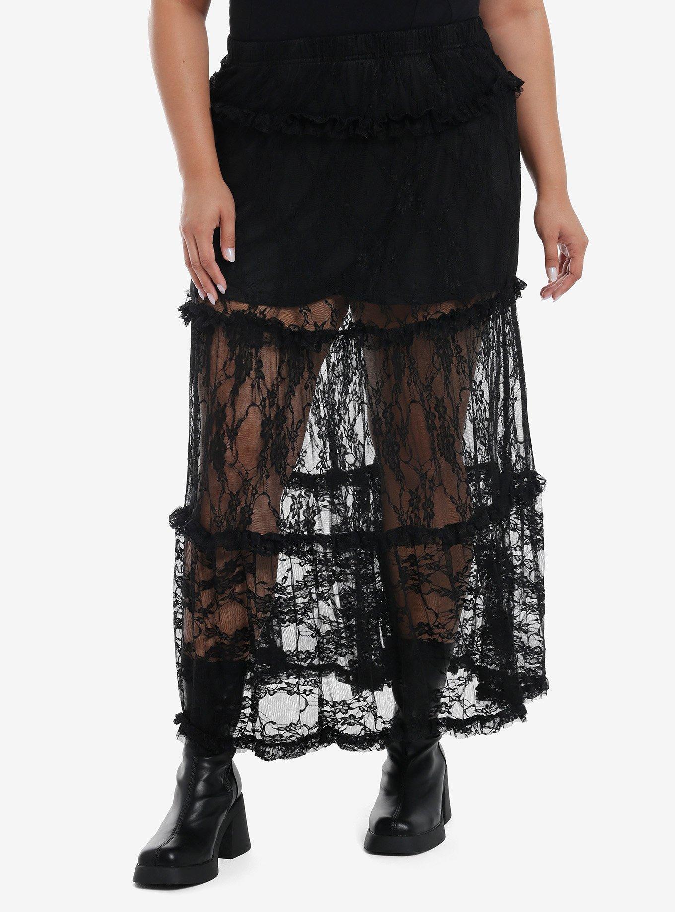 Daisy Street Black Lace Ruffle Sheer Maxi Skirt Plus Size, BLACK, hi-res